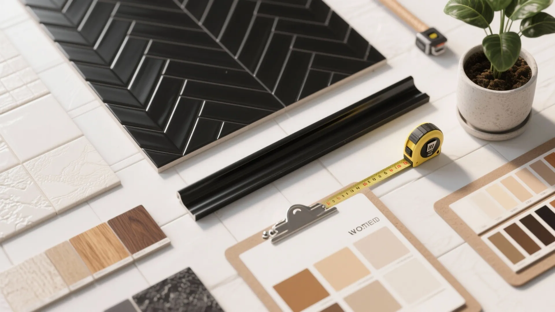 Flatlay of matte black herringbone tile samples, grout swatches, and color chips for bathroom planning.