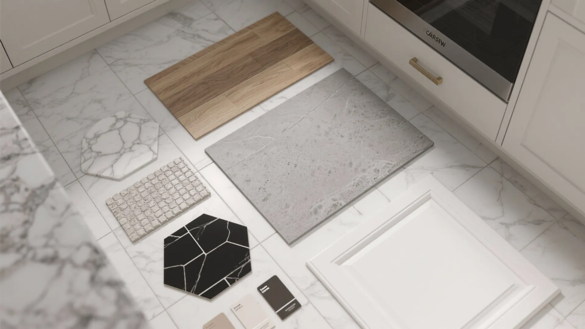 Top-down flatlay of tile and grout samples alongside a white cabinet door sample for comparing undertones.