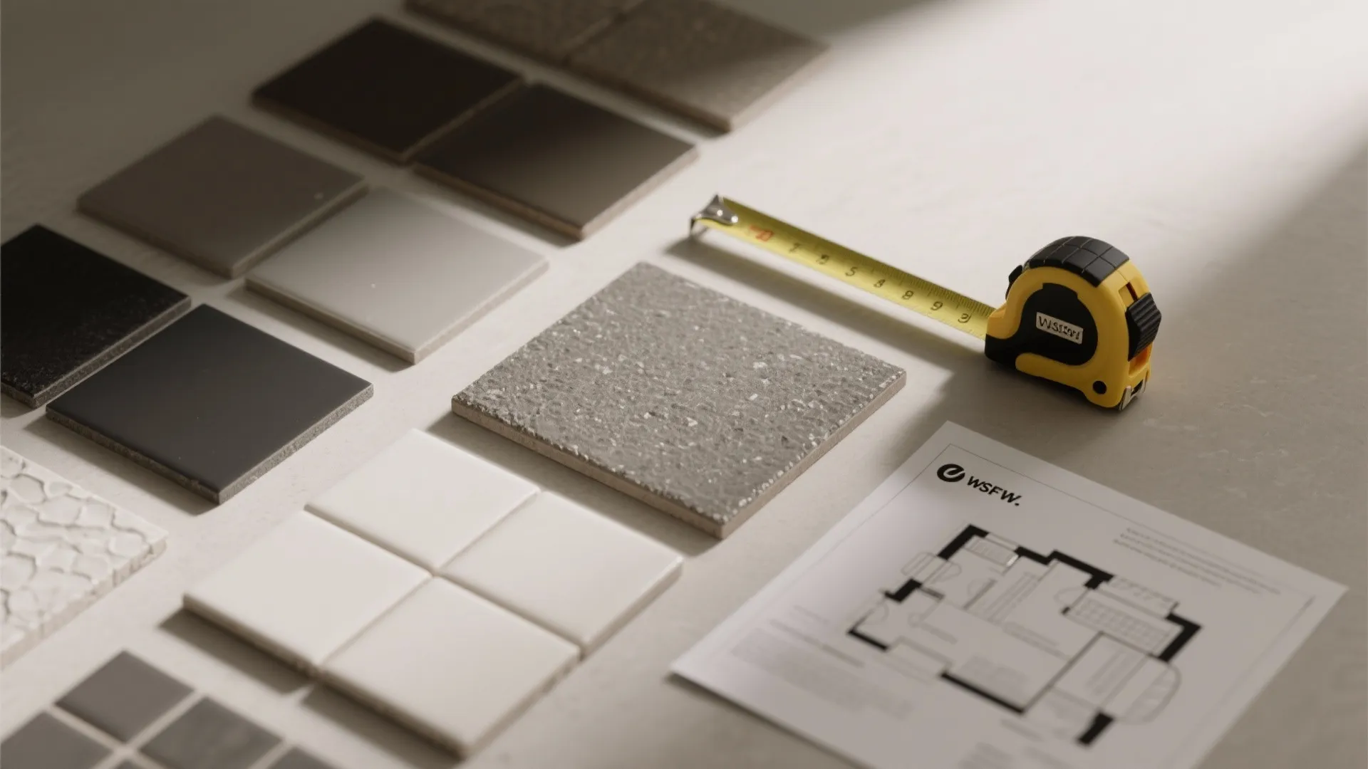 Flatlay of tile samples, grout swatches, tape measure and floorplan for planning