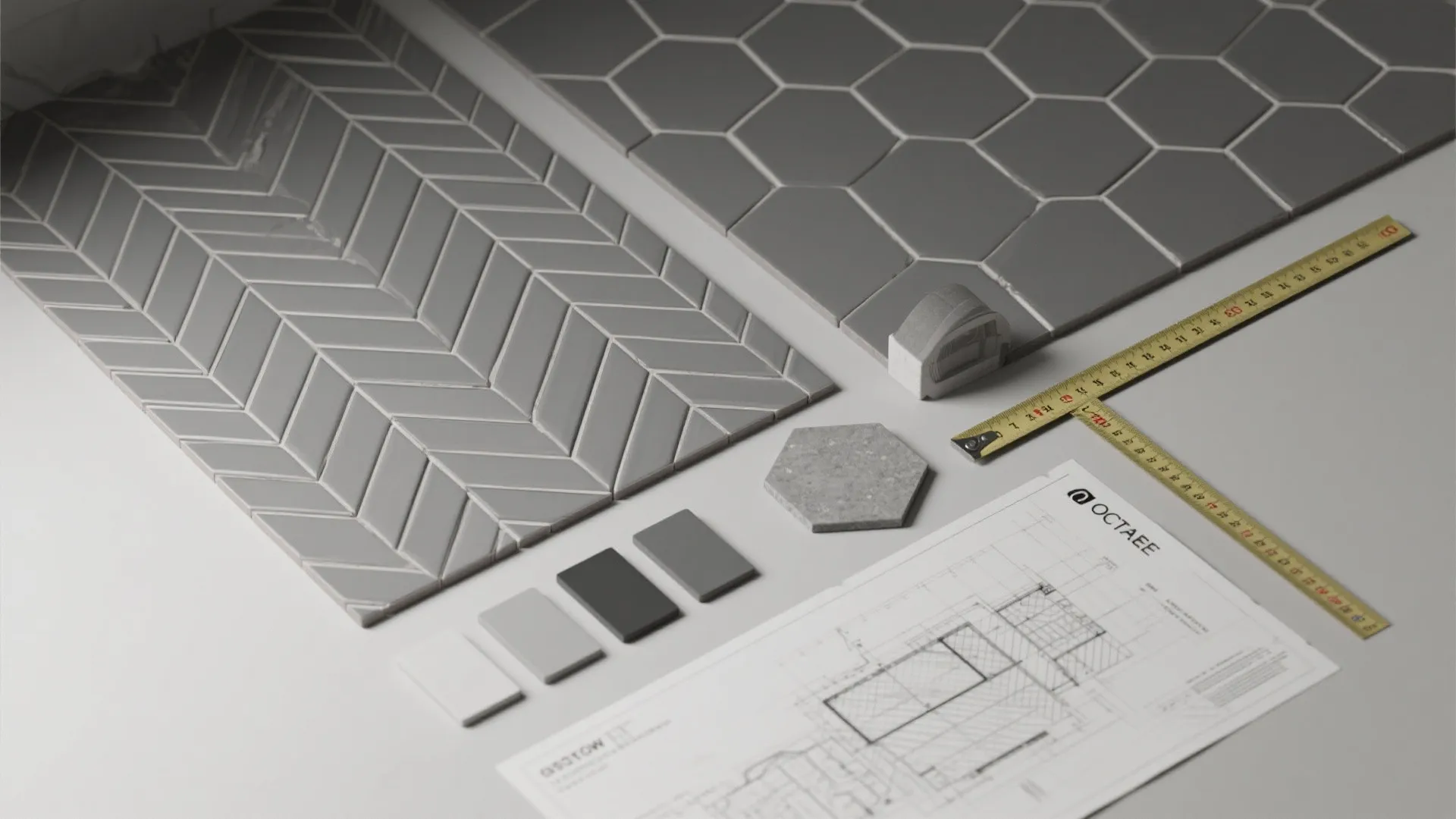 Grey tile samples with interior design drawing measuring tape and different shapes for home renovation
