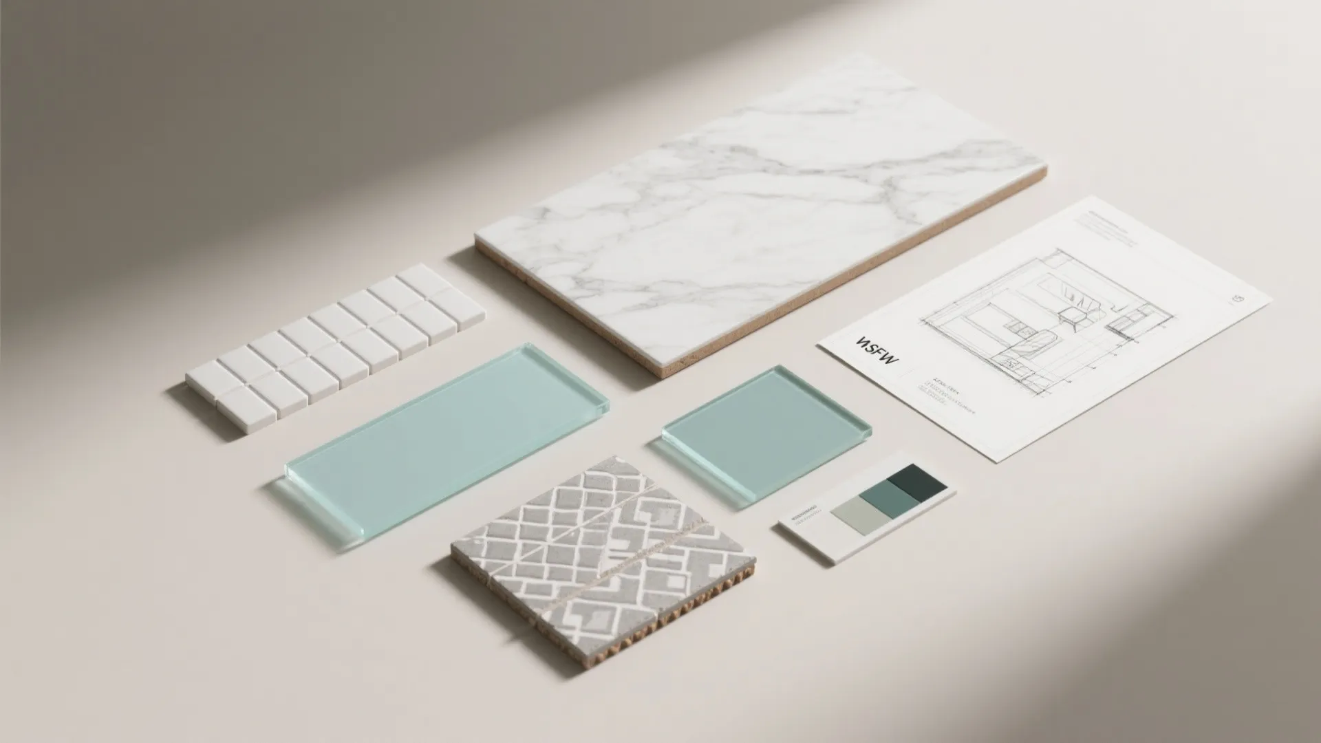 Top-down flatlay of tile samples, grout swatches, and a room-planner sketch for choosing splashback options.