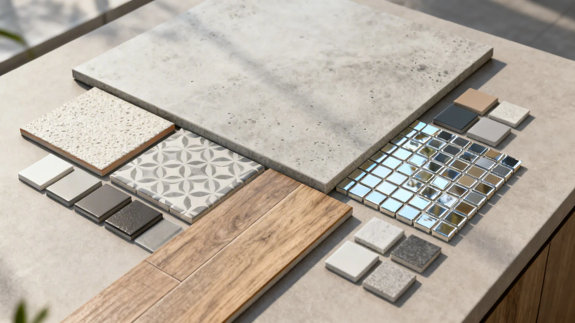 Flatlay of tile samples and grout swatches including ceramic, porcelain, patterned and mirror mosaic samples