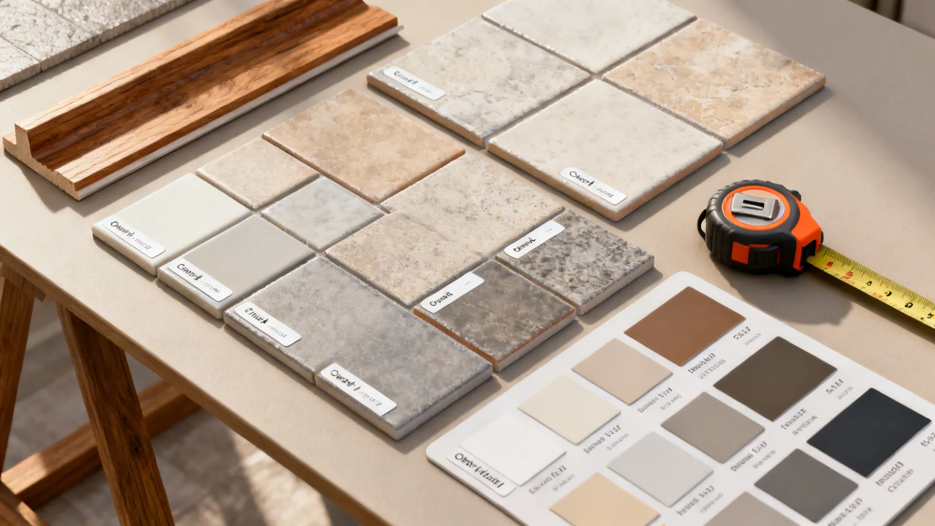 Flatlay of tile samples, grout swatches and wood trim for planning and budgeting