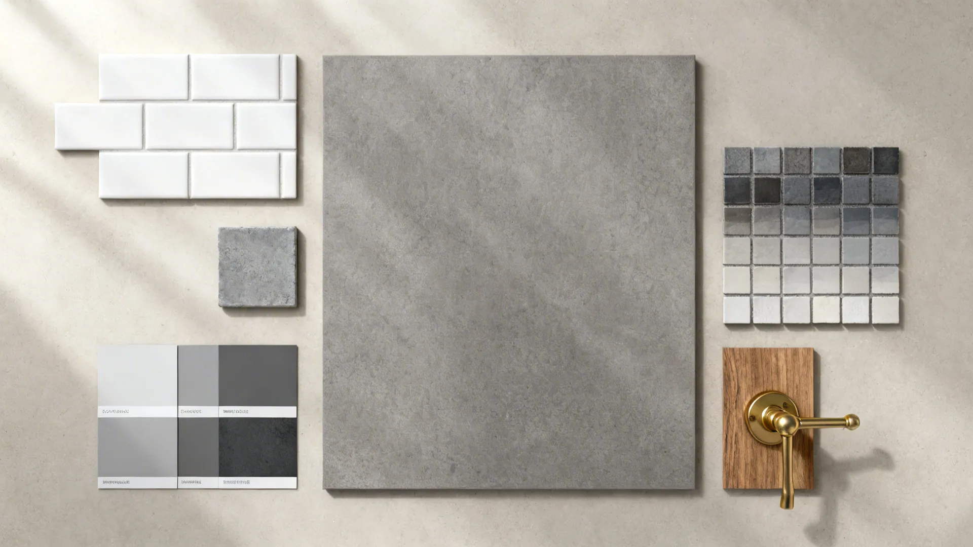Flatlay of white and gray tile samples, grout swatches, wood and brass accents for planning.