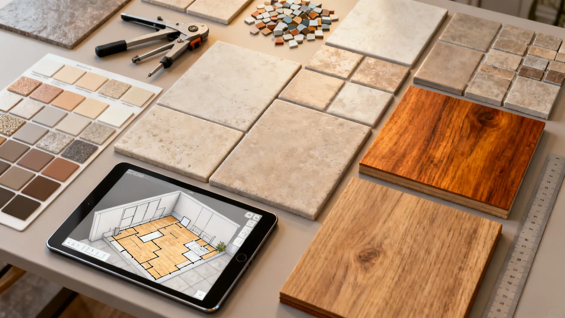 Flatlay of tile samples, grout swatches and a tablet with a 3D planner for bathroom layouts