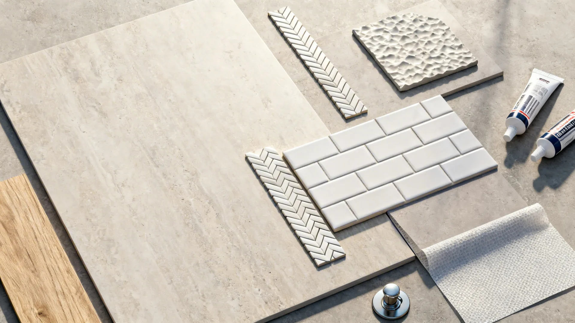 Flatlay of tile samples, grout swatches, and waterproofing materials for shower planning