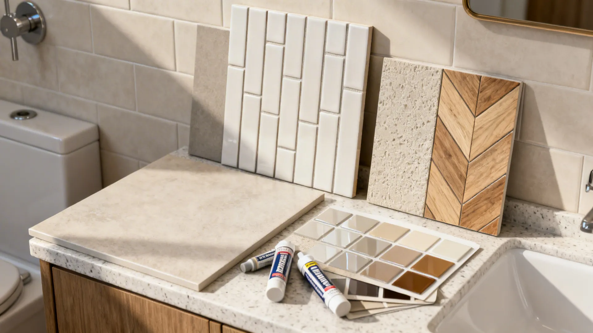 Flatlay of tile and grout samples for planning a small bathroom remodel.