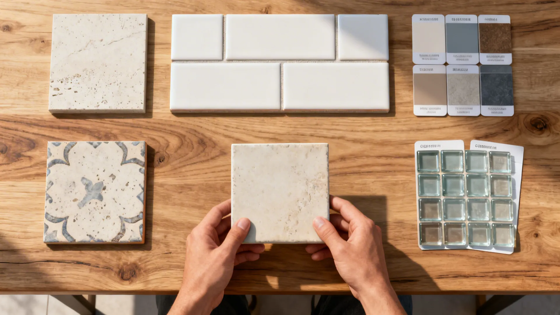 Flatlay of tile samples and grout swatches for testing color and lighting at home.