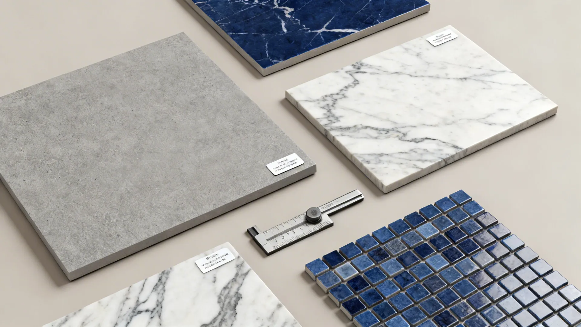Flatlay of tile and grout samples including neutrals, navy, marble-look, mosaic pieces and a thickness gauge.