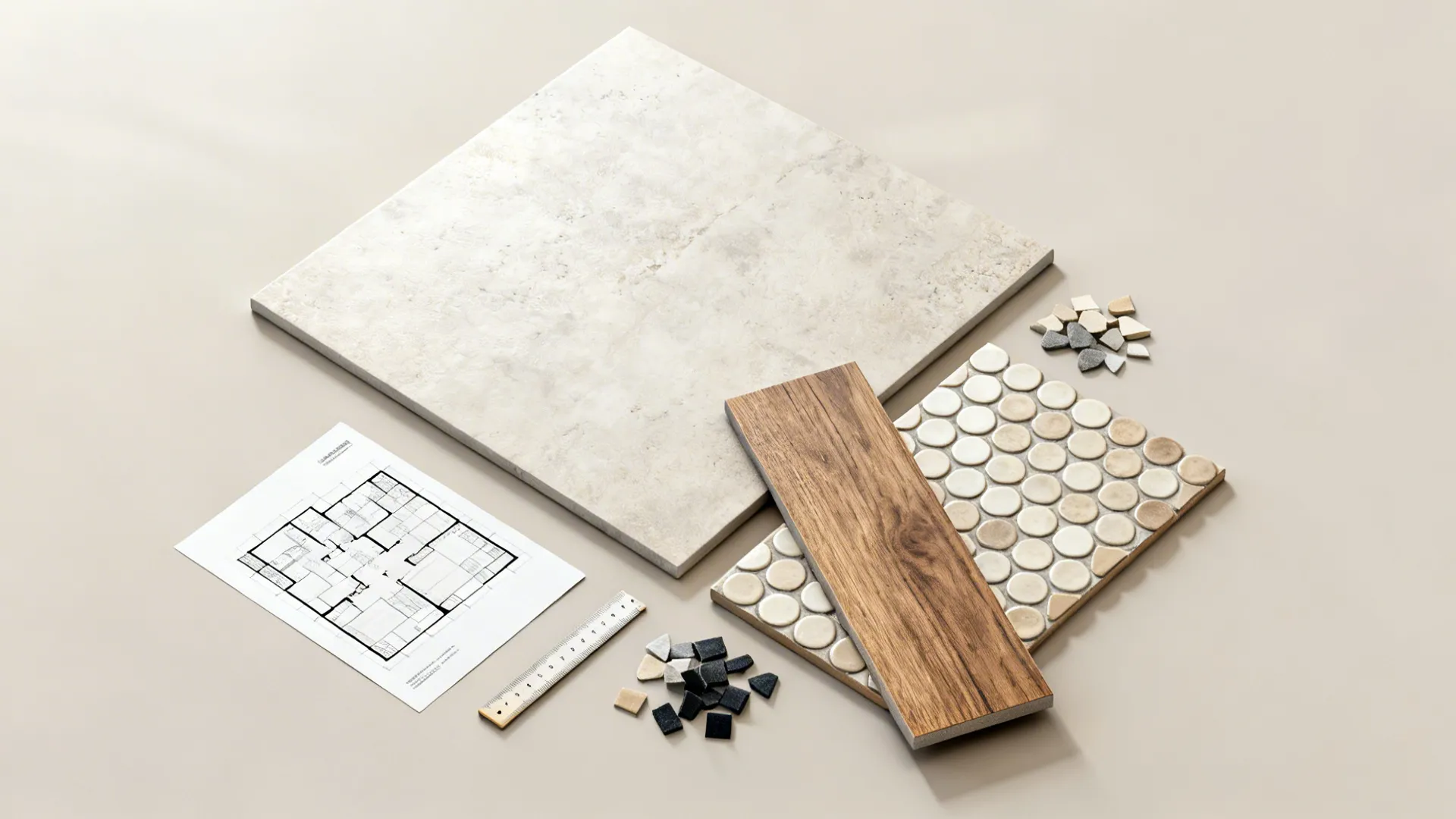 Flatlay of tile and grout samples including large-format, penny, plank and encaustic-look tiles with grout chips