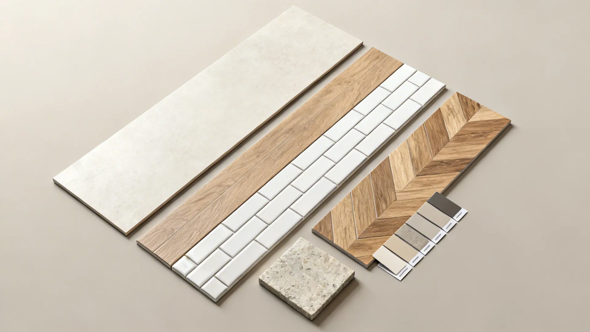 Flatlay of tile swatches and grout samples including large-format, subway, herringbone, textured and encaustic-look tiles.