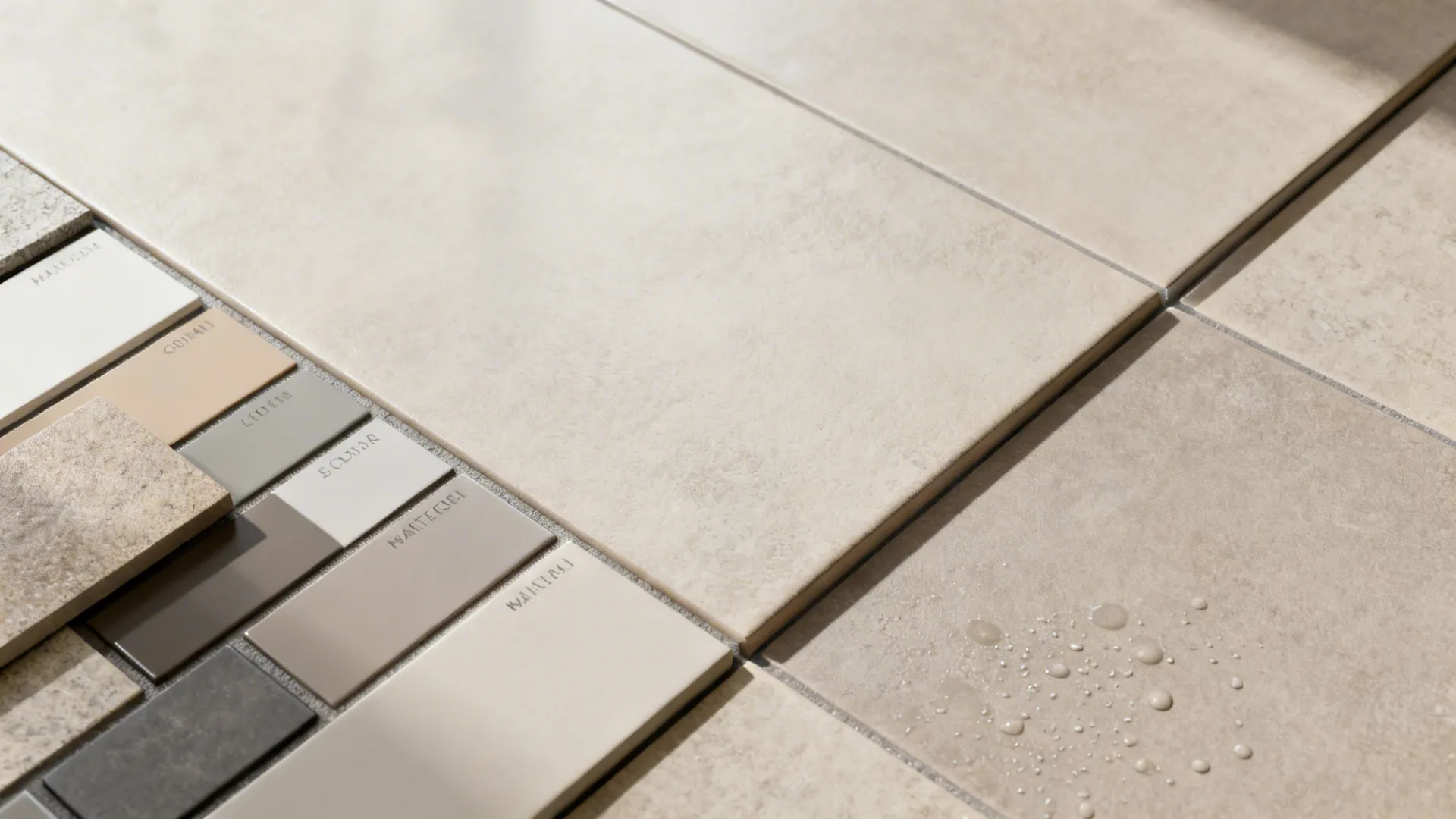 Large-format matte tile and grout samples showing fewer grout lines.