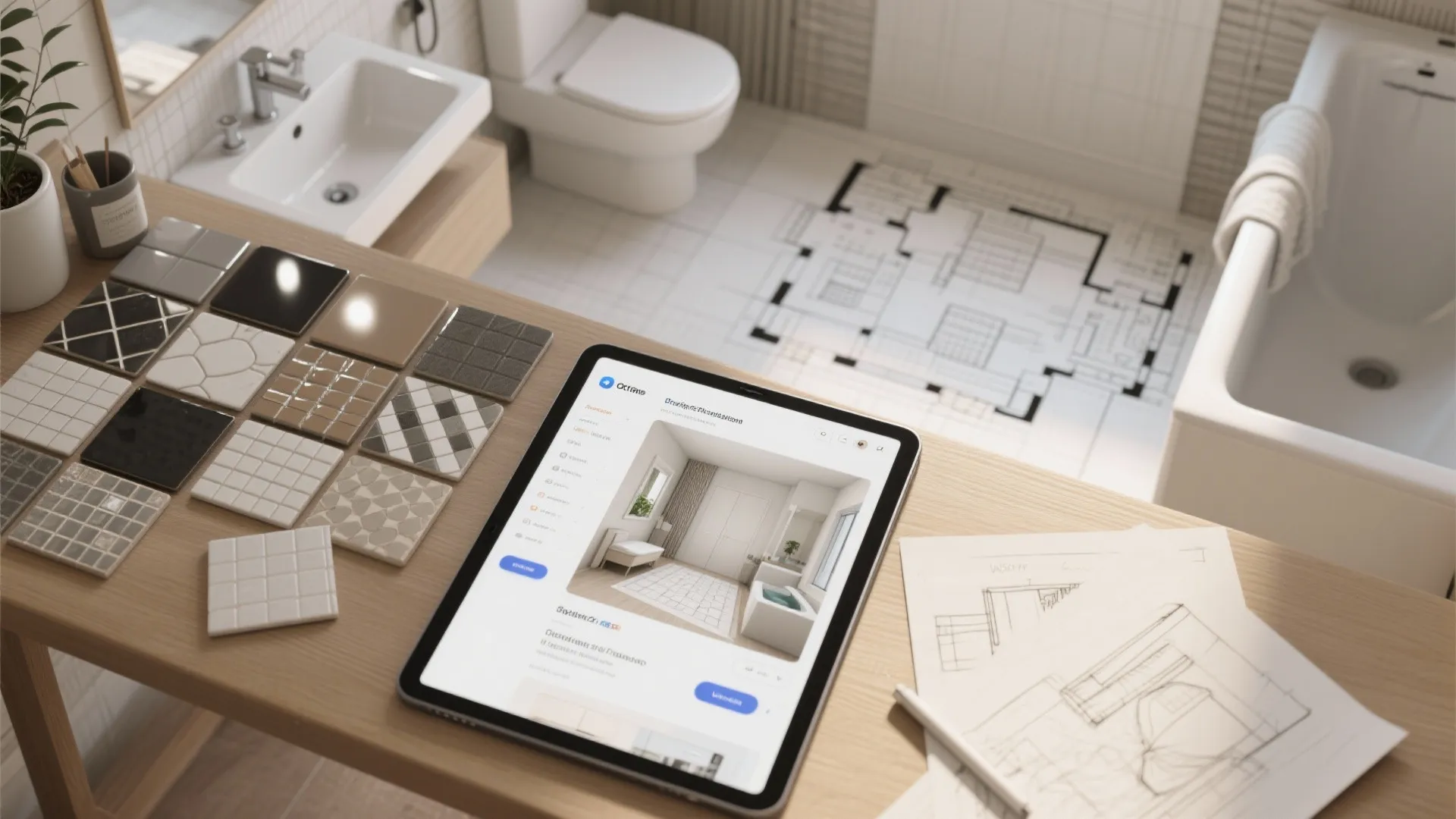 Tablet showing bathroom interior design next to tile samples and paper floor plan on desk