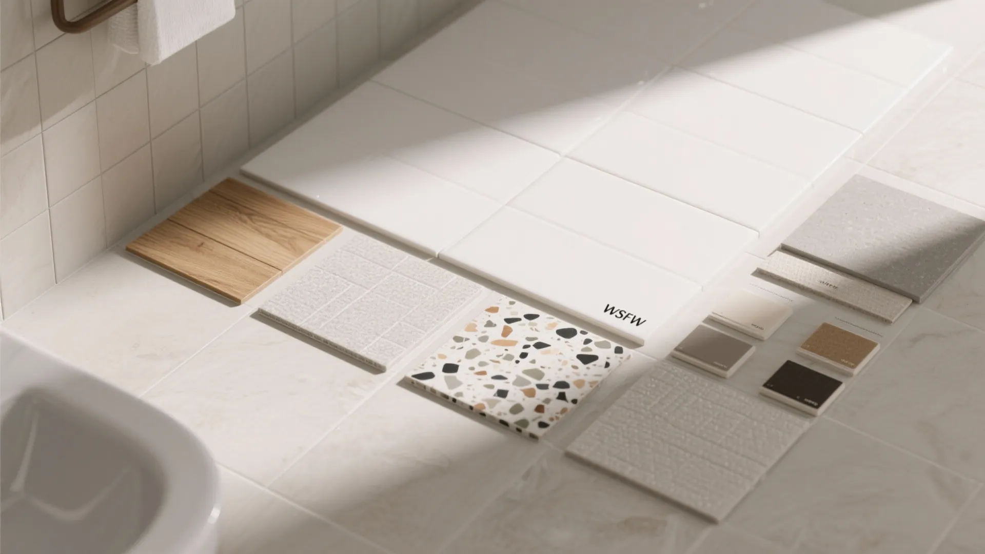 Top-down flat lay of glossy wall, matte floor, wood-look, and terrazzo tile samples with matched grout swatches in neutral tones.