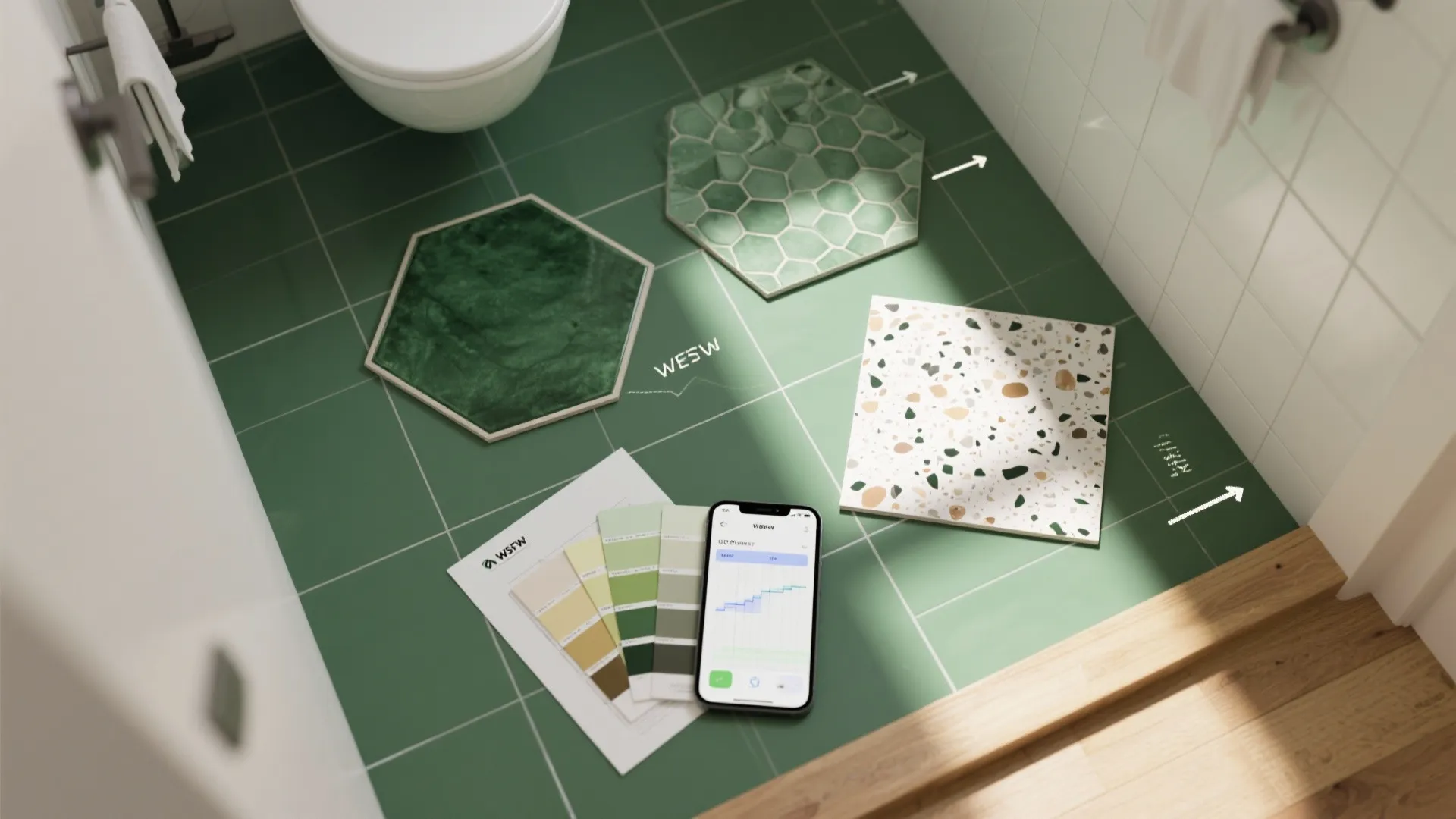 Interior design layout with green tiles, hexagon samples, spotted tile, color swatches, and a smartphone