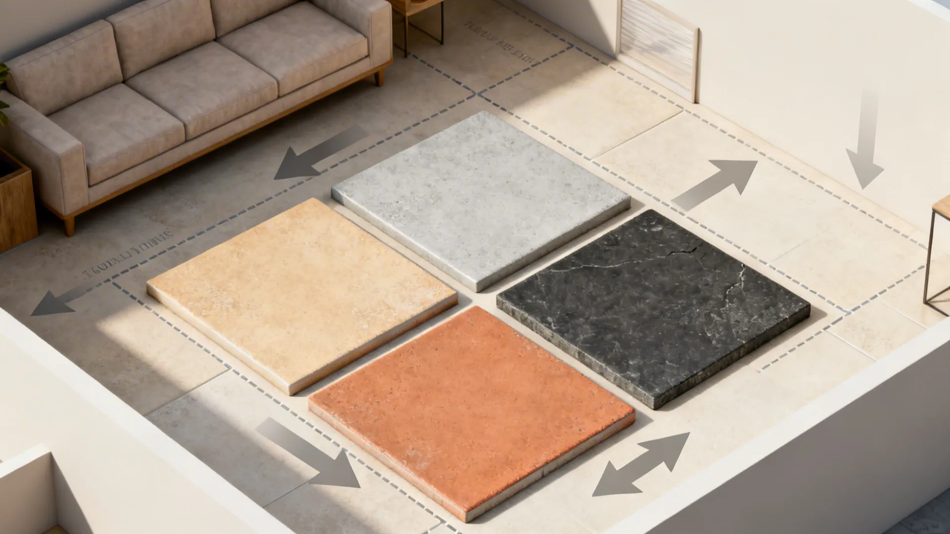 Top-down view of tile samples and a small living room layout for comparison.
