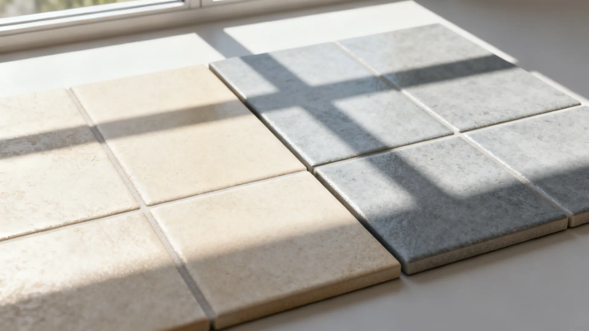 Two tile samples side-by-side near a window showing different light readings