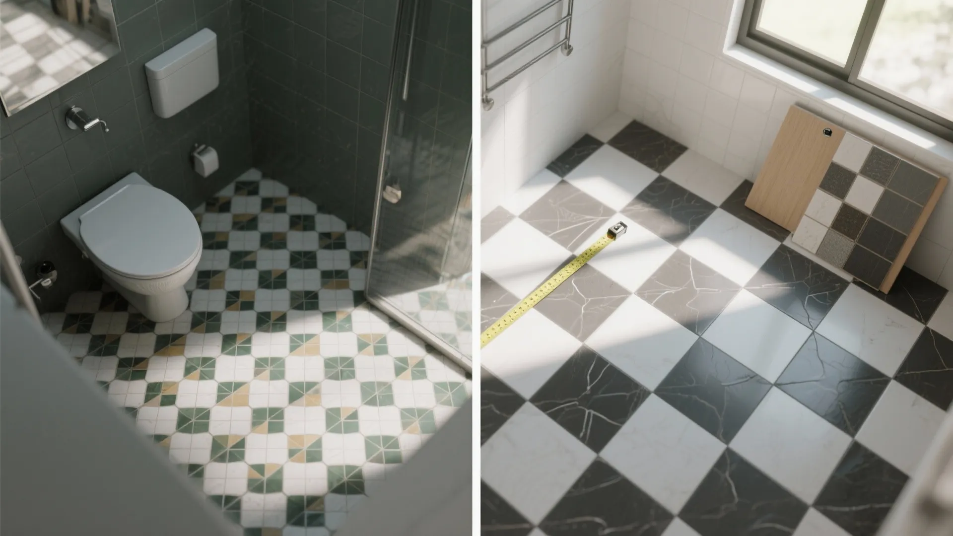Side by side comparison of small green pattern tiles versus large black and white tiles