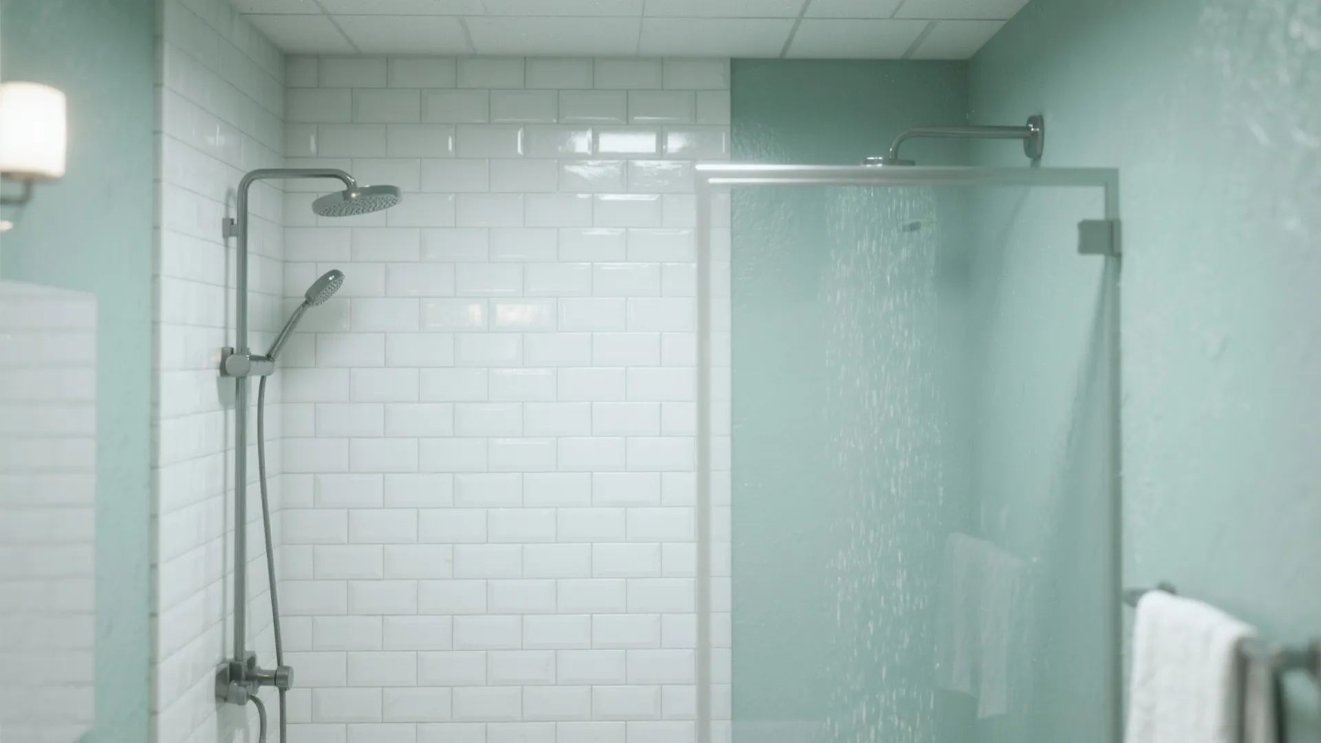 Shower area with white wall tiles green paint silver shower head and glass shower door