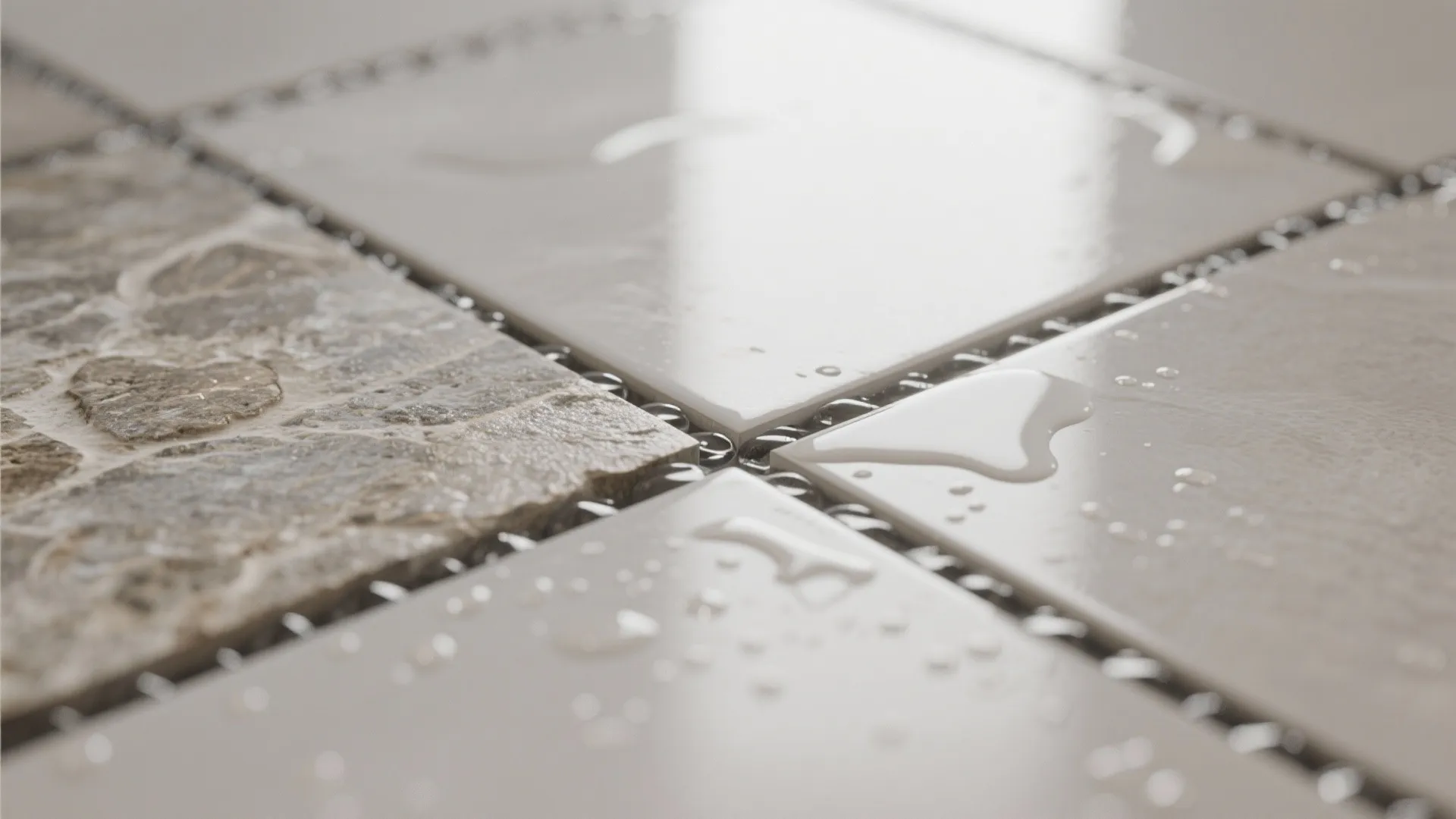 Close up view of floor tiles with water droplets on the surface and dark grout lines