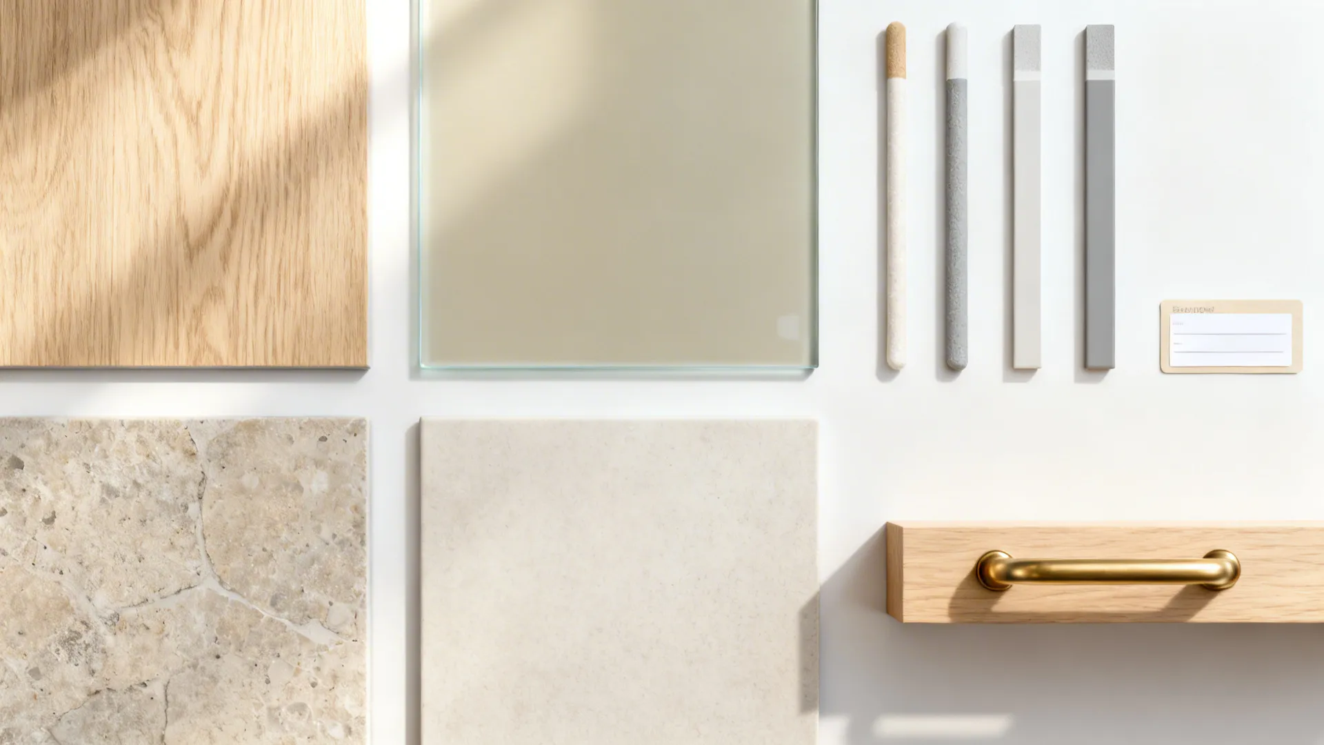 Interior design material samples including wood, stone tiles, glass, color sticks, and a gold handle