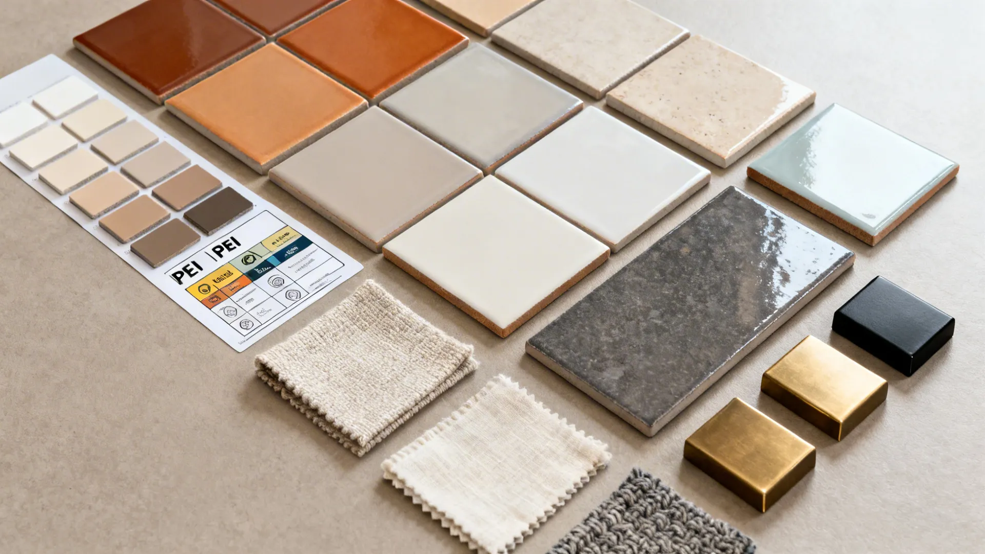 Multiple floor tile samples in various colors arranged with fabric swatches and a color guide