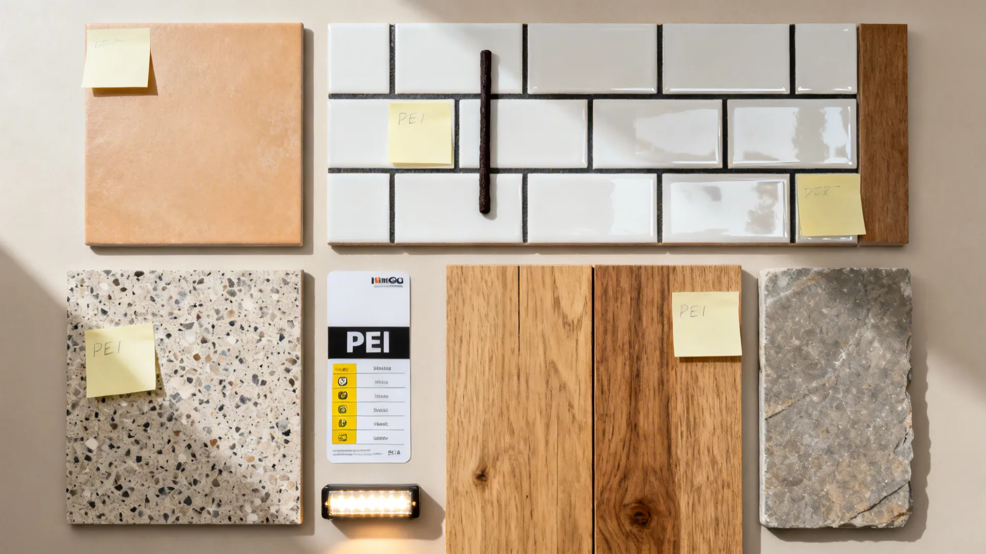 Interior design material board showing wall tiles, wood flooring samples, stone textures, and PEI rating cards