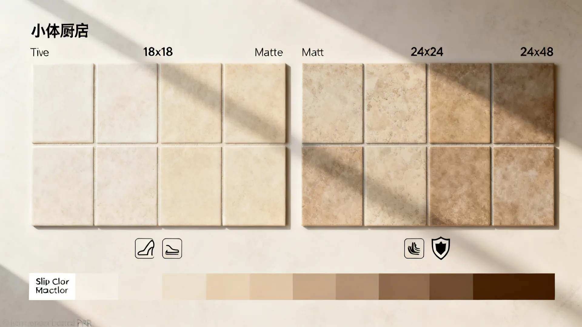 Top-down layout of tile sizes, matte samples, grout swatches, and durability icons for kitchen flooring.