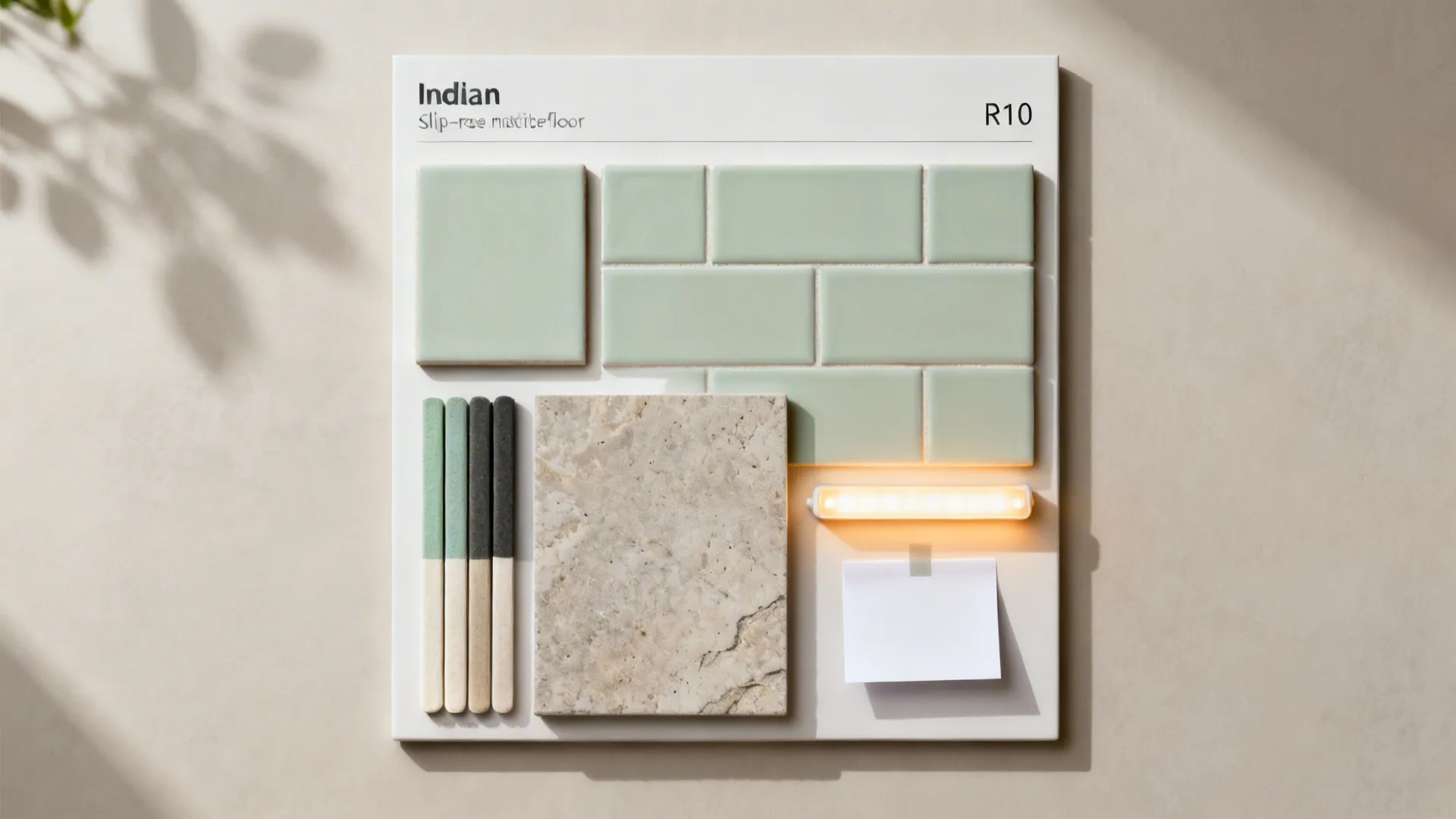 Top-down tile selection board with matte floor, sage backsplash, grout, and lighting chip.