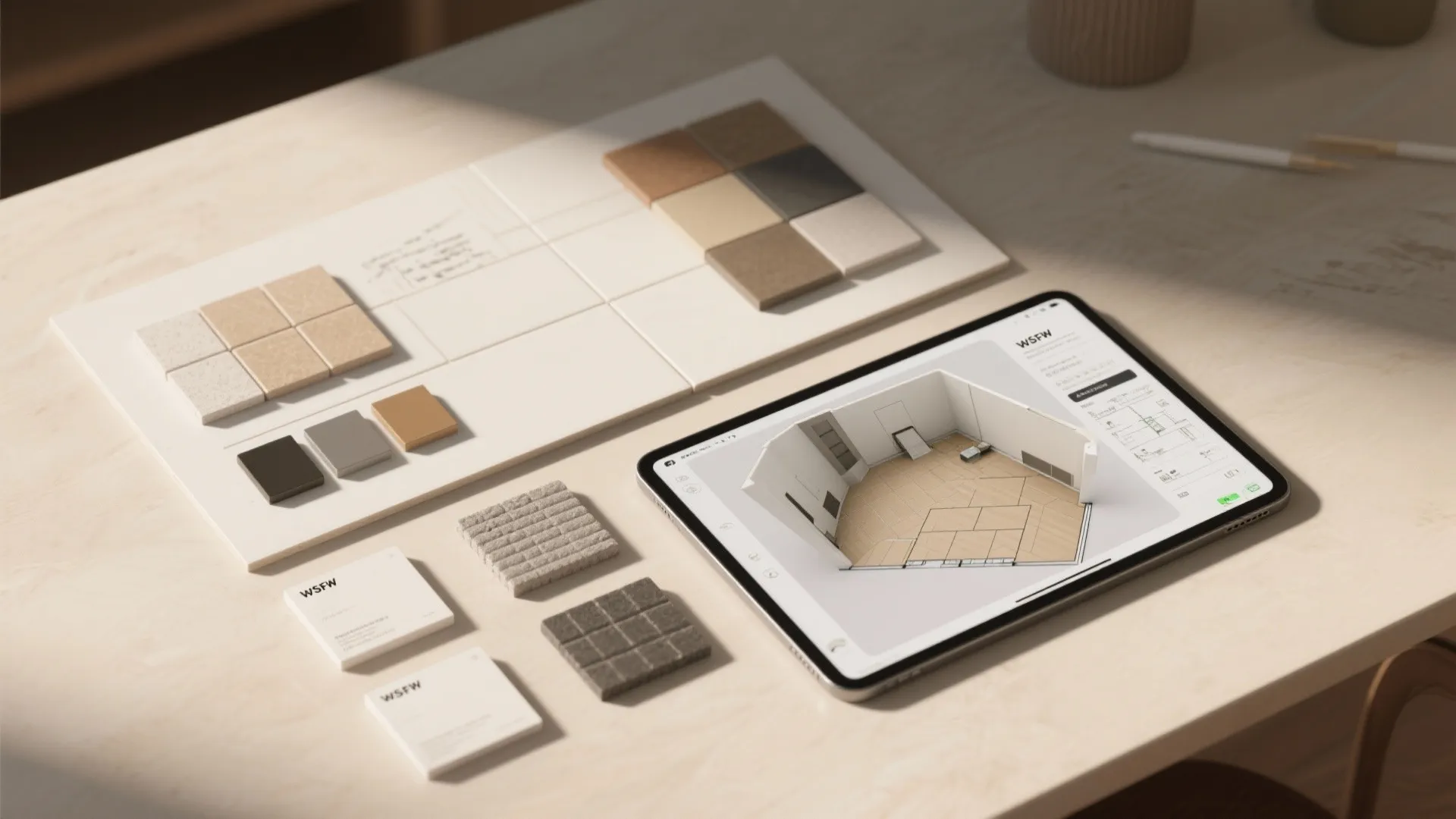 Tablet displaying an interior design drawing next to physical material tile samples on a desk