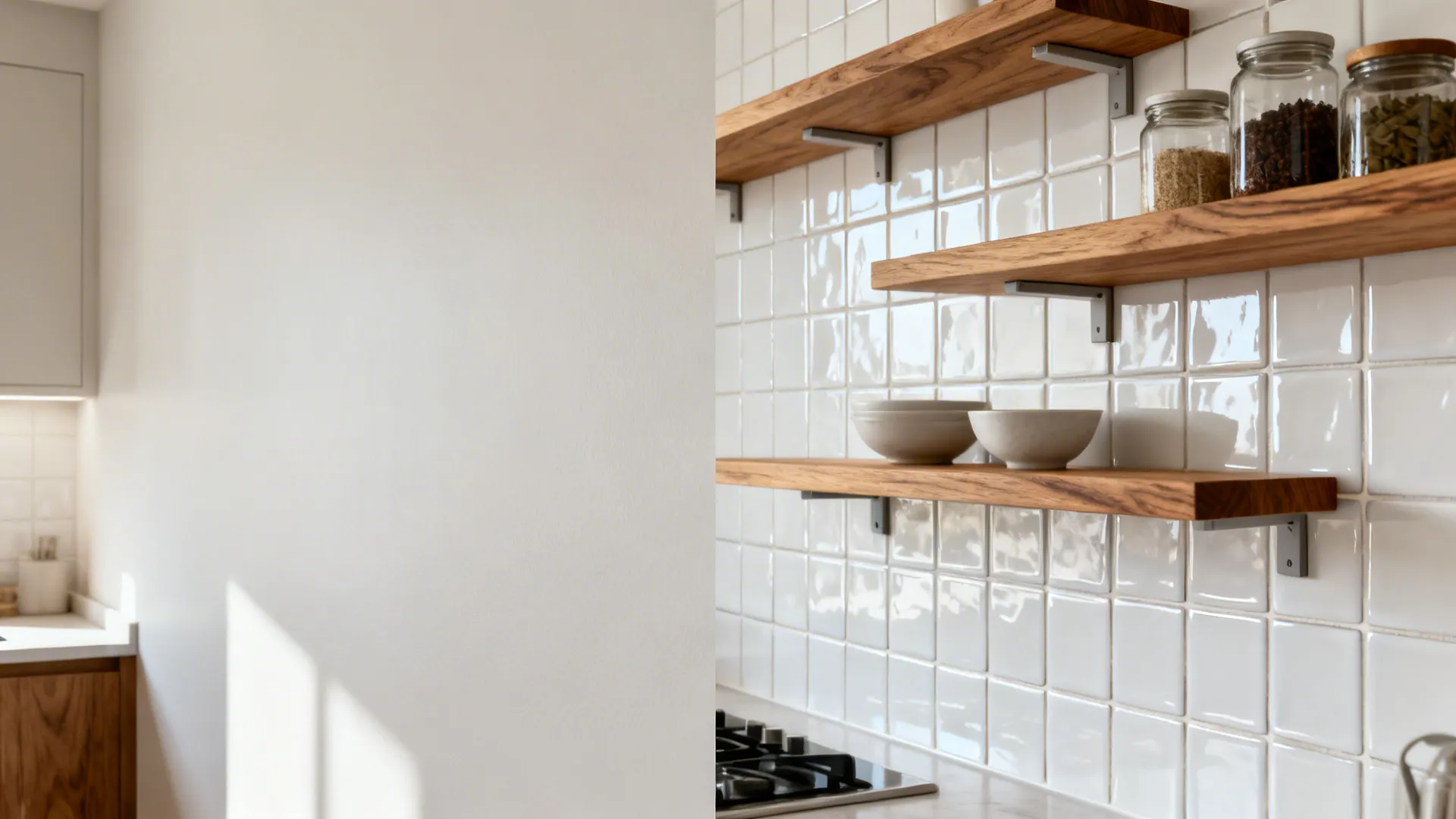 Before-and-after of a kitchen wall adding white zellige tile and oak shelves mounted through tile.