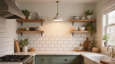 Cozy Farmhouse Kitchen with Open Shelving & Natural Light