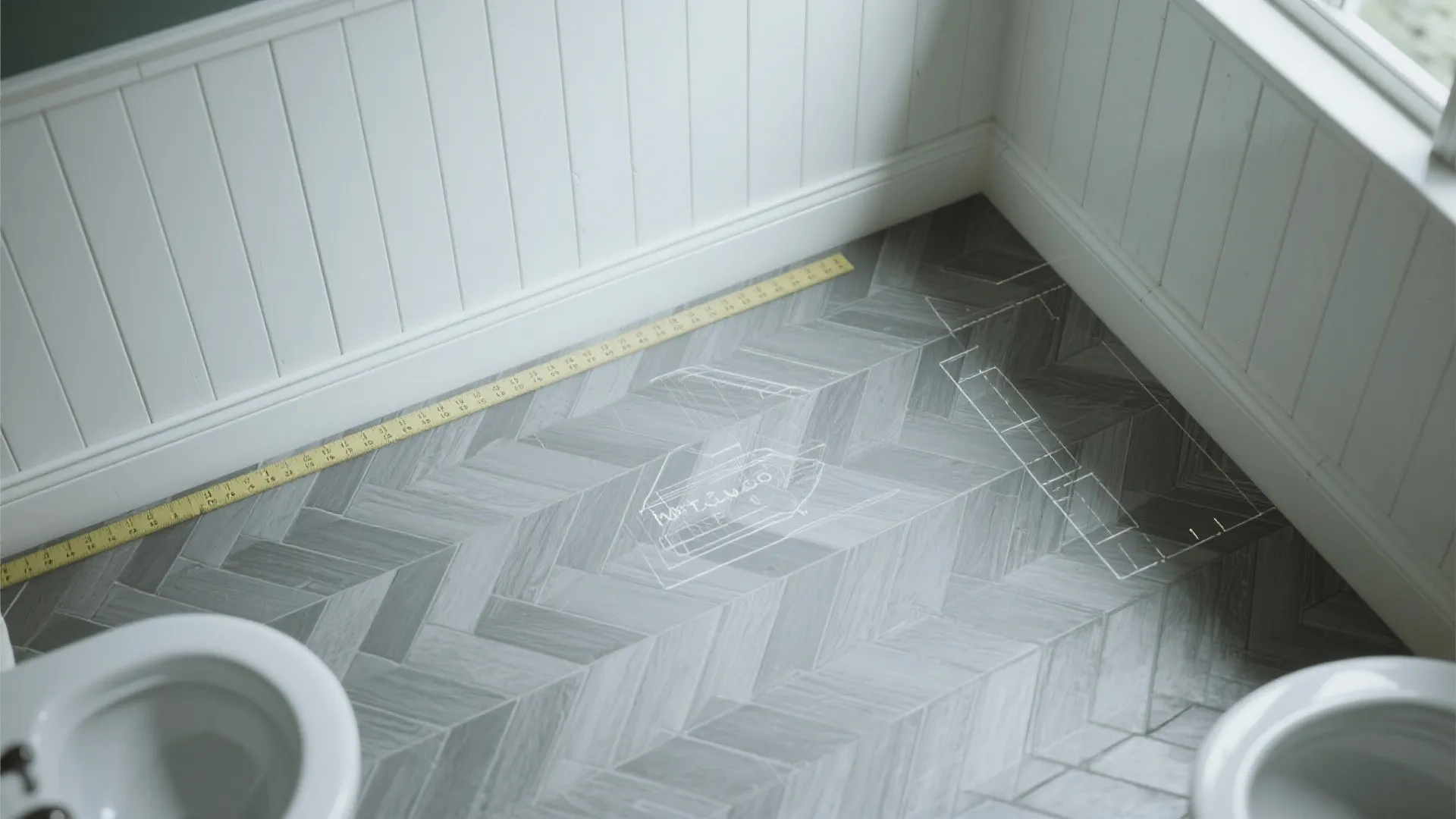 Grey wooden floor with a ruler and white wall panel in a small bathroom space