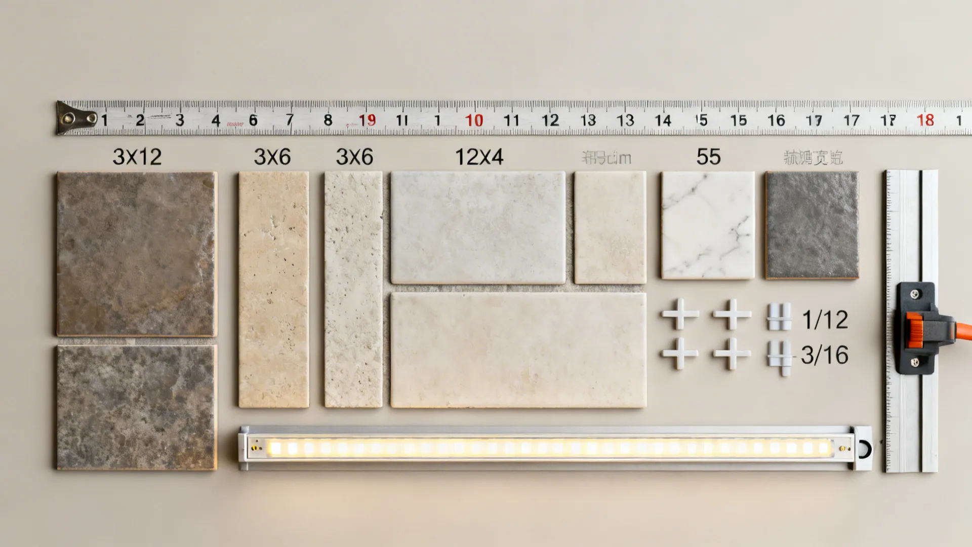 Top-down flatlay with tile samples and spacers demonstrating module calculation for backsplash height.