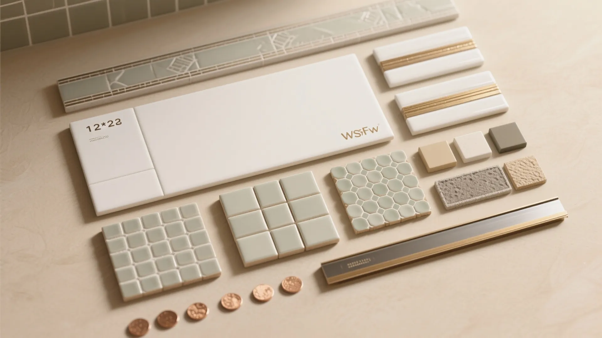 Collection of white and green wall tiles with various patterns and sizes on a neutral table
