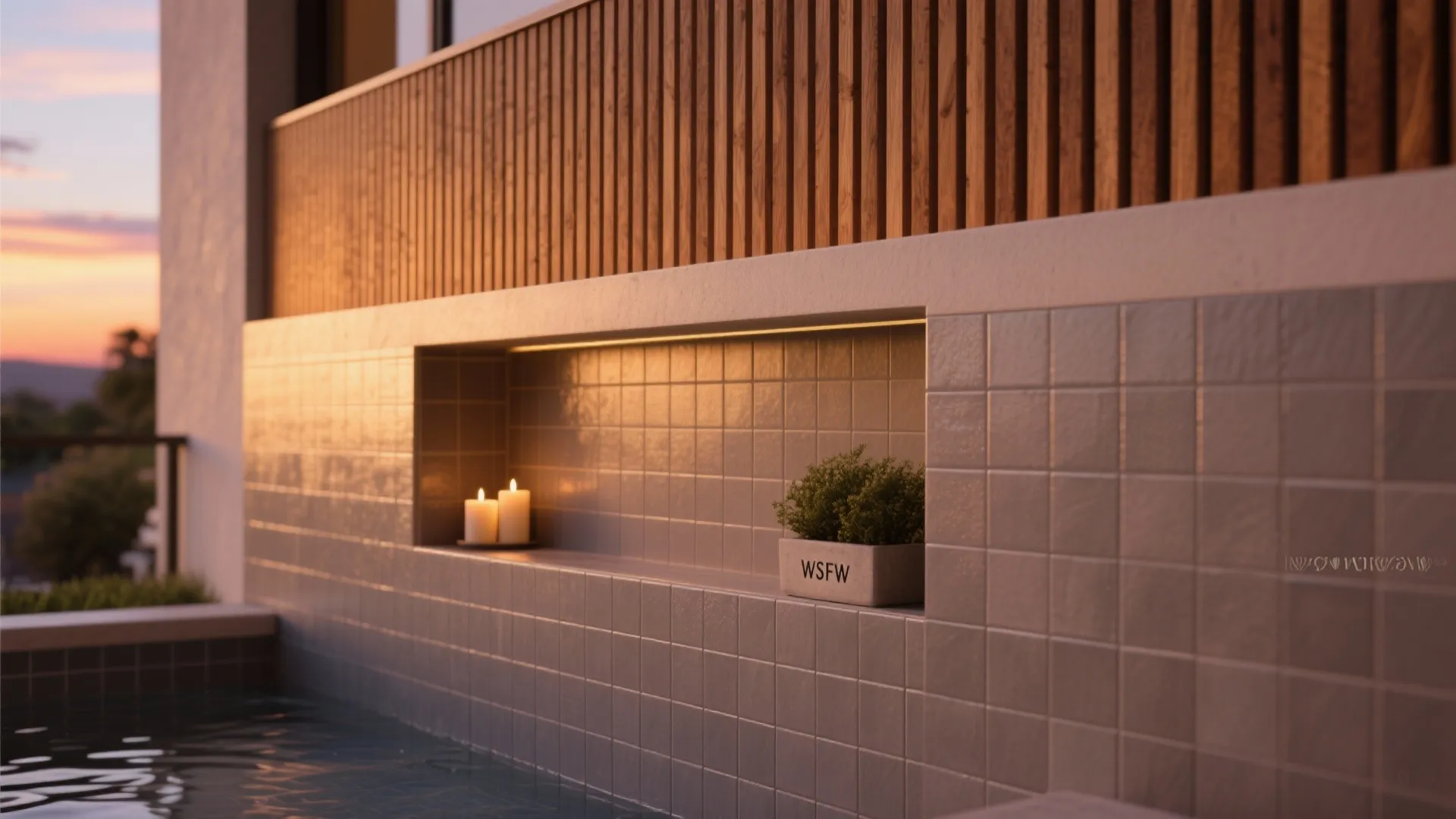 Idea 5: Mix tile with warm slats and a slim niche