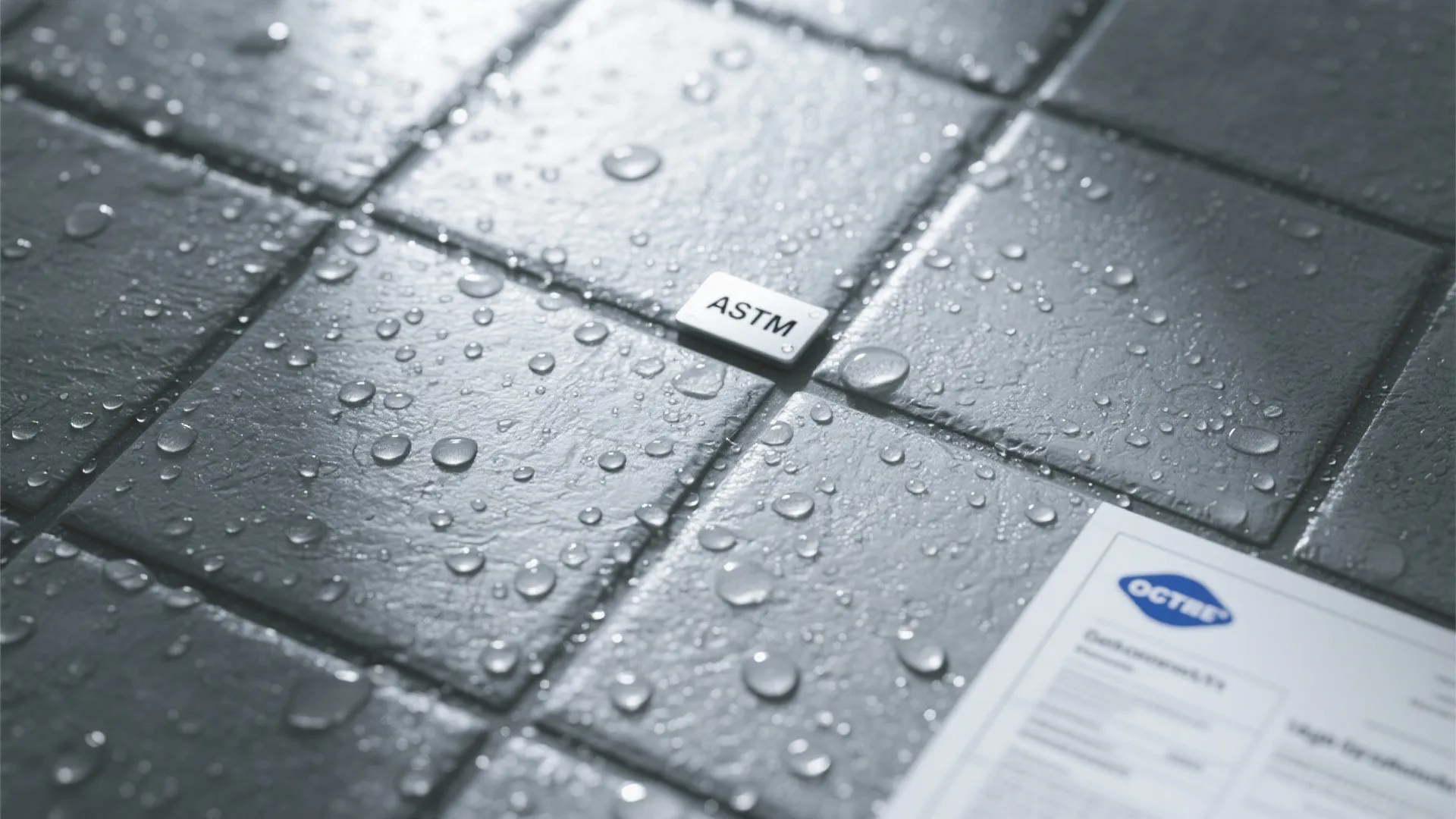 Grey floor tiles with water droplets and ASTM label next to a white paper report