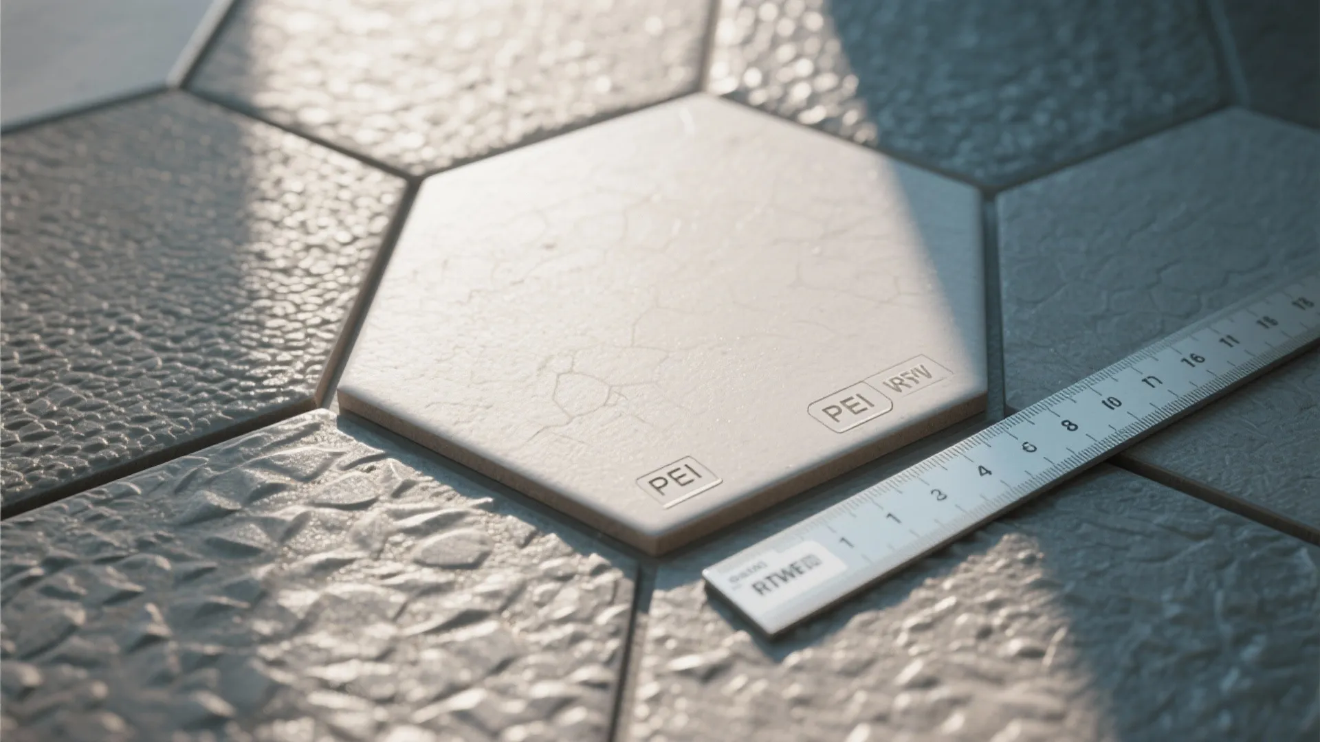 Close-up of hexagon tile surface showing matte texture and slip-resistance marking.