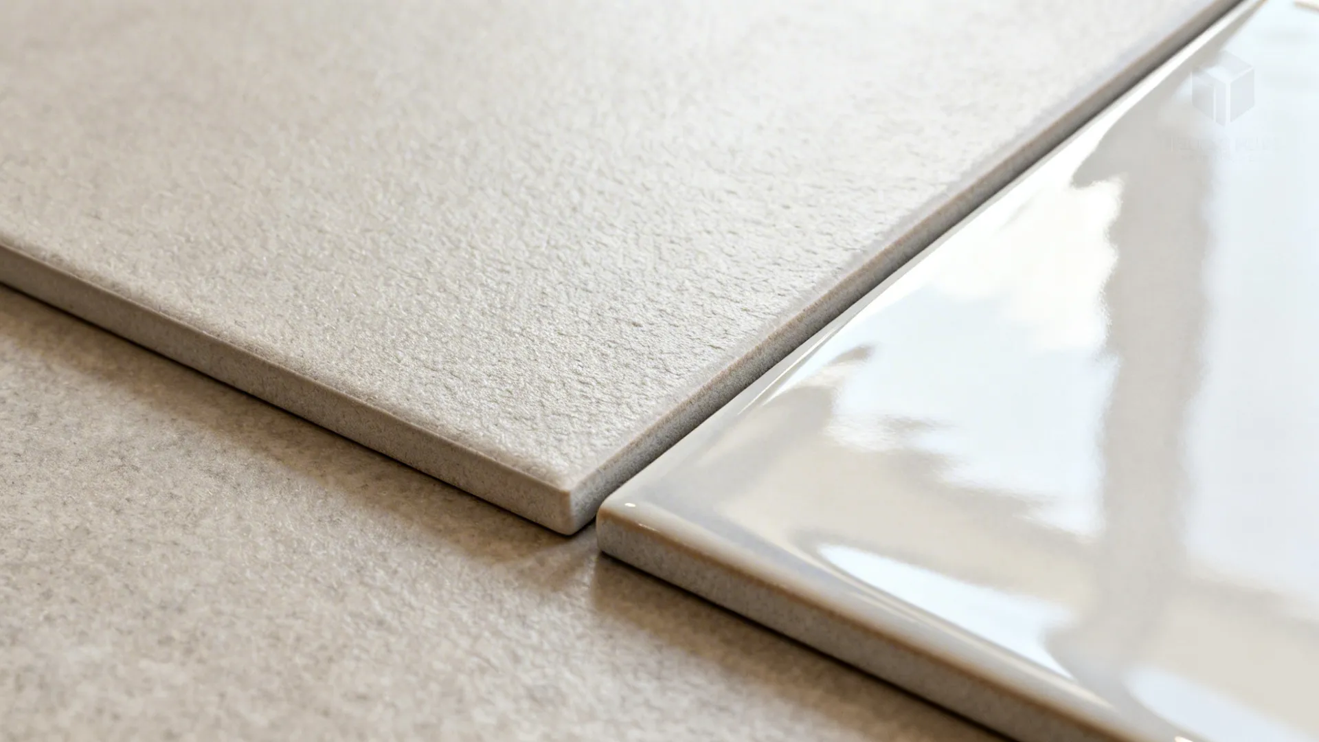 Macro comparison of matte slip-resistant porcelain and glossy ceramic tile surfaces.
