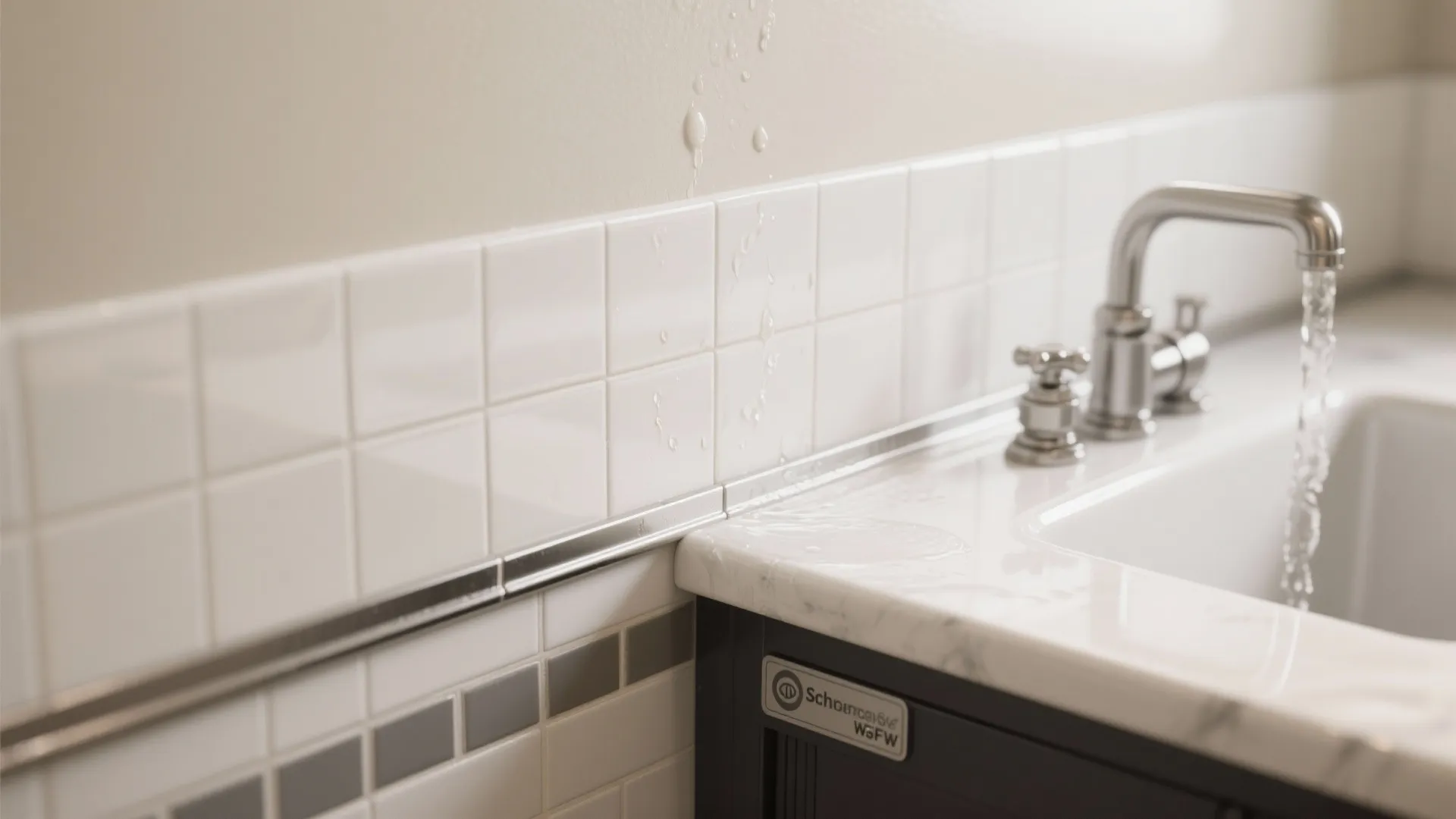 Close up of water splashing on white wall tiles near a bathroom sink and faucet