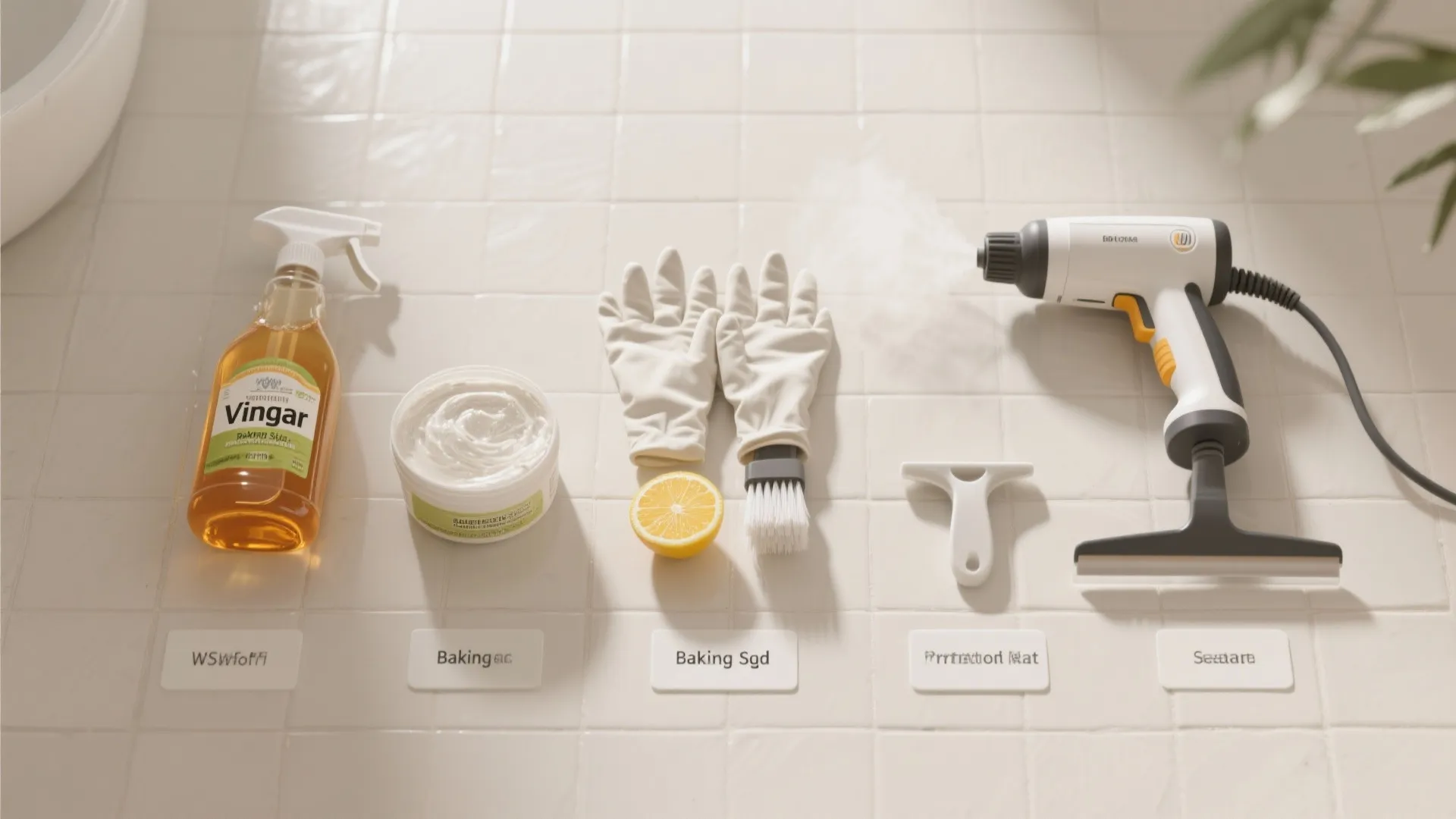 Flat lay of cleaning supplies including vinegar, baking soda, gloves, lemon, brush, and steam cleaner