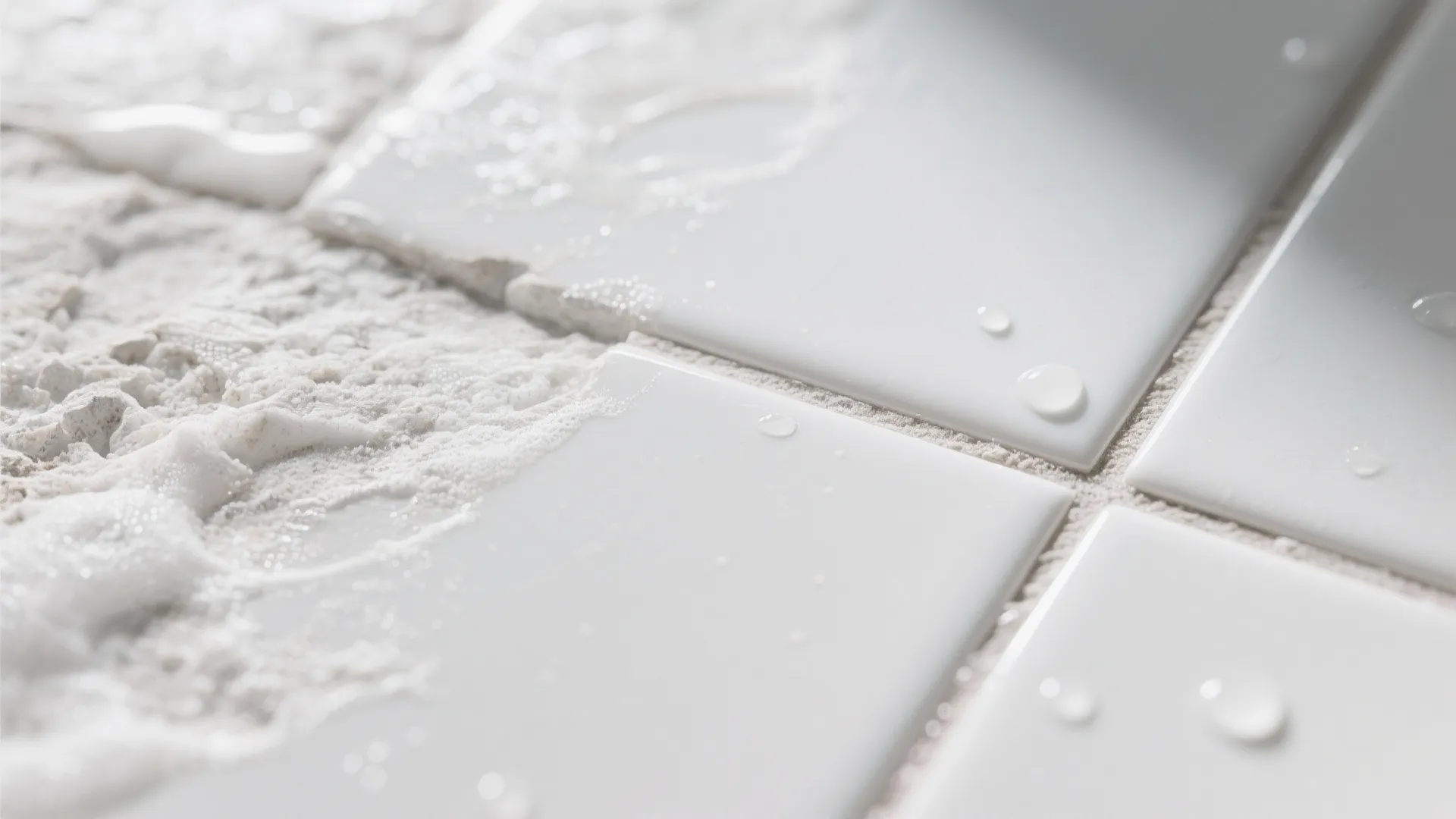 Close up view showing a comparison between dirty textured surface and clean white bathroom tiles