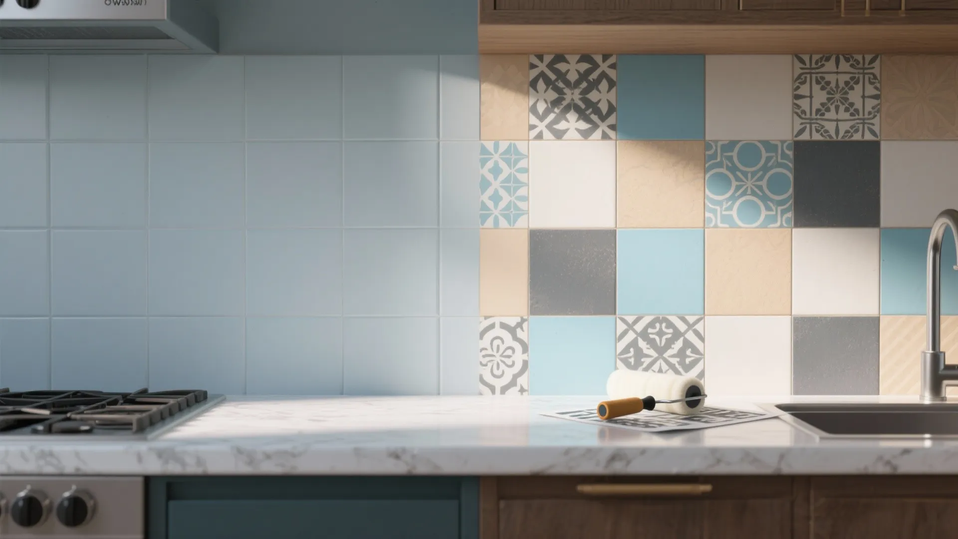 4. Mismatched Tile Stencils for a Faux-Backsplash
