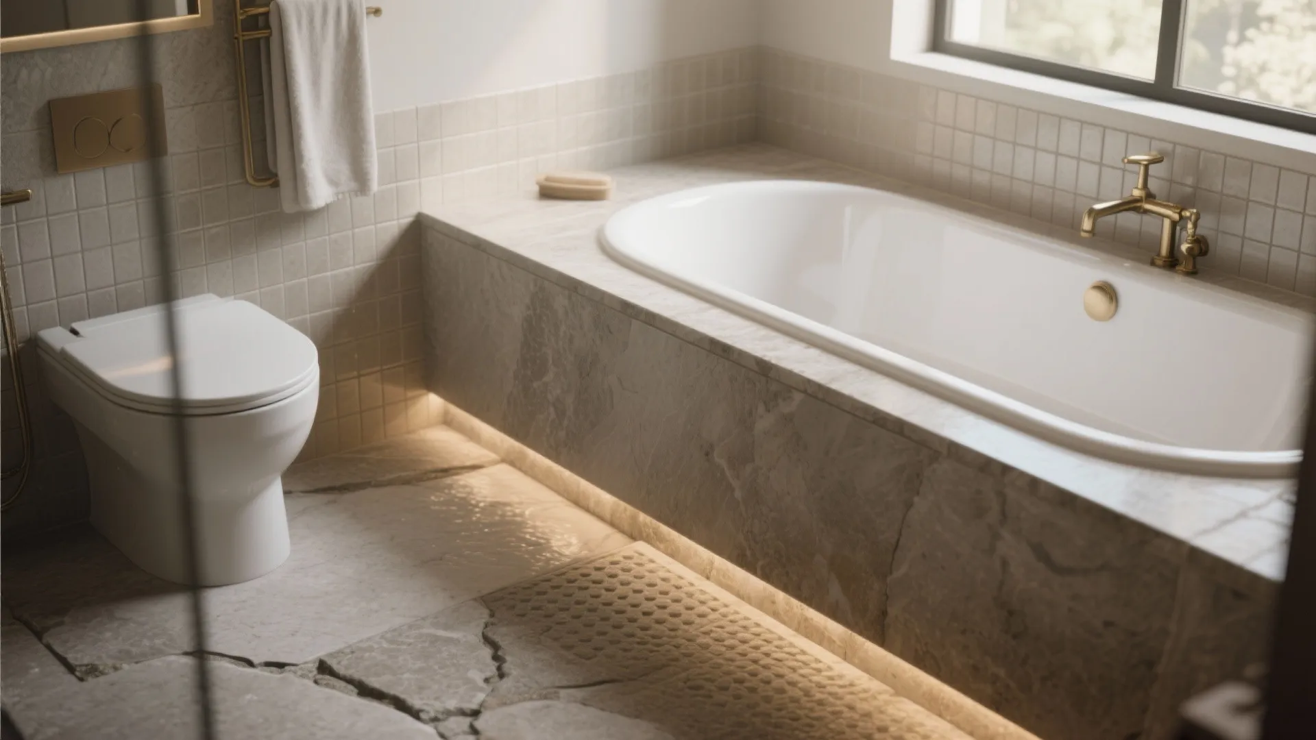 Modern bathroom with built in stone bathtub white toilet gold faucet and warm hidden lighting