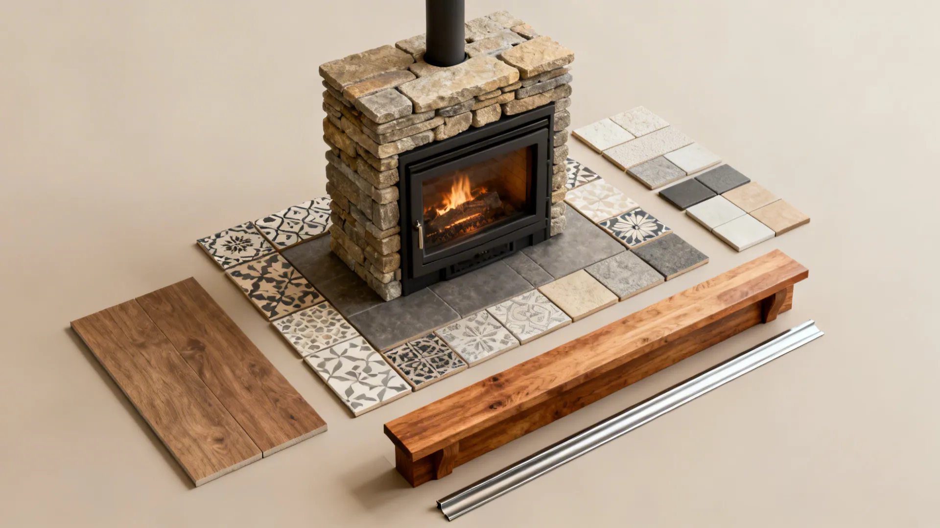 Flatlay of stone, patterned tile, wood and metal samples for a layered fireplace design