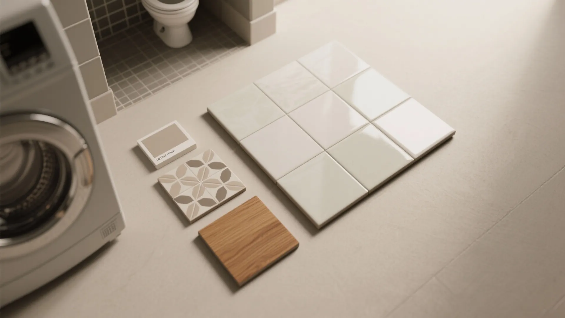 Bathroom floor material samples including white tiles wood block and patterned tile next to washing machine