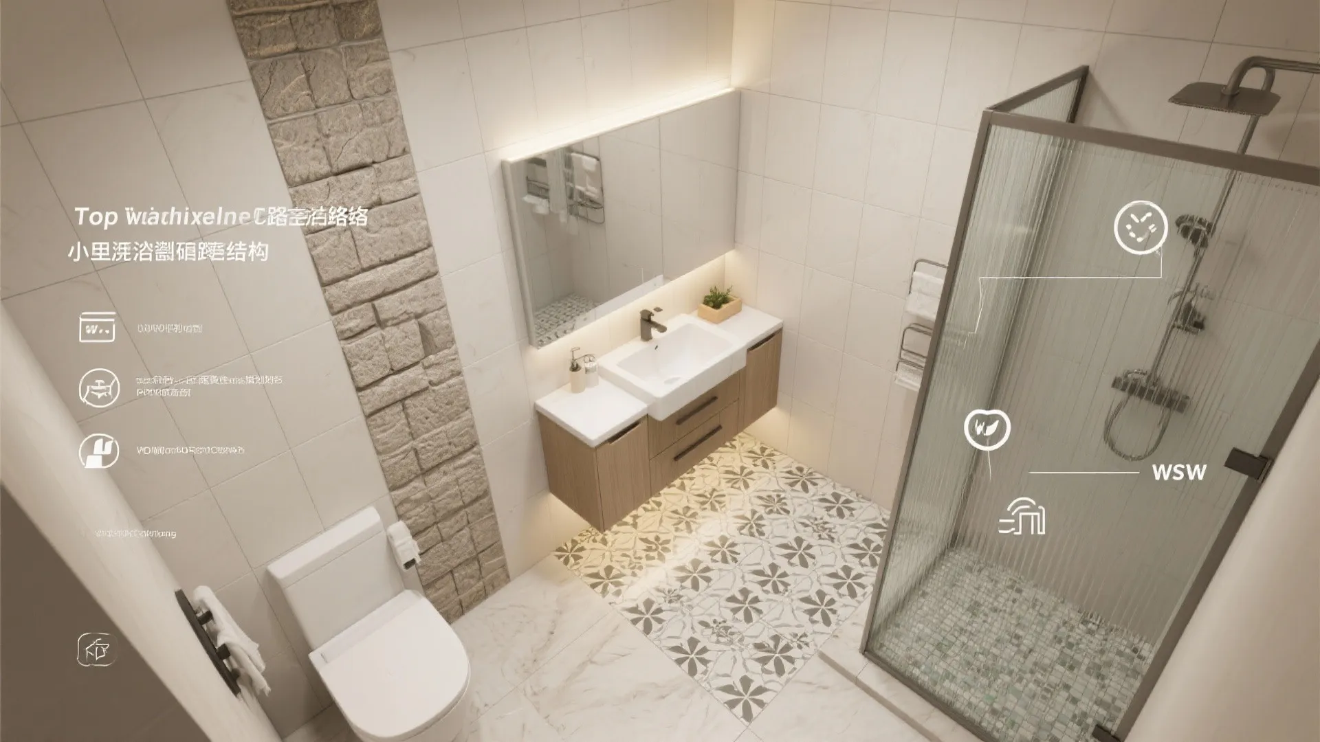 Top-down planning board showing five small bathroom tile strategies by zone.