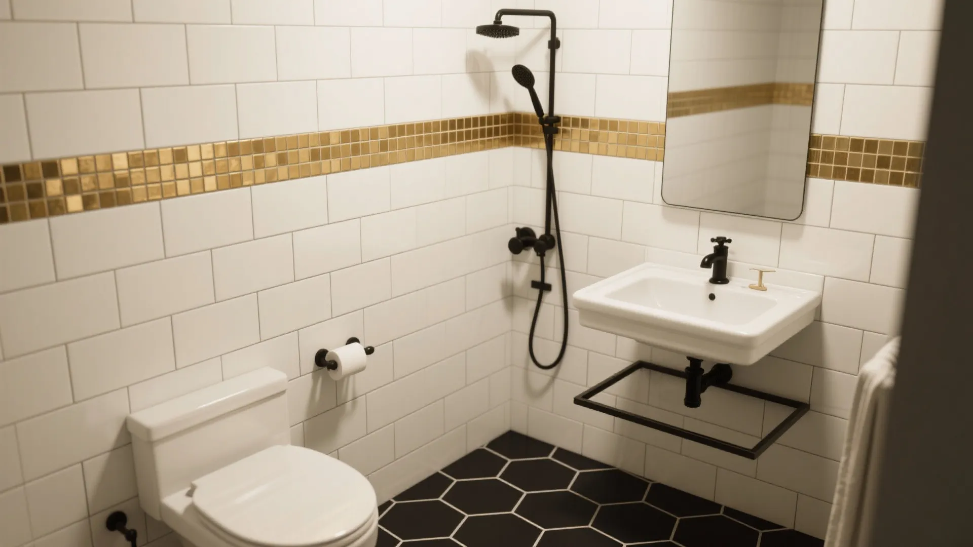 Small bath with white subway tile, black hex floor, and a brass-trimmed mosaic stripe as a focal detail.