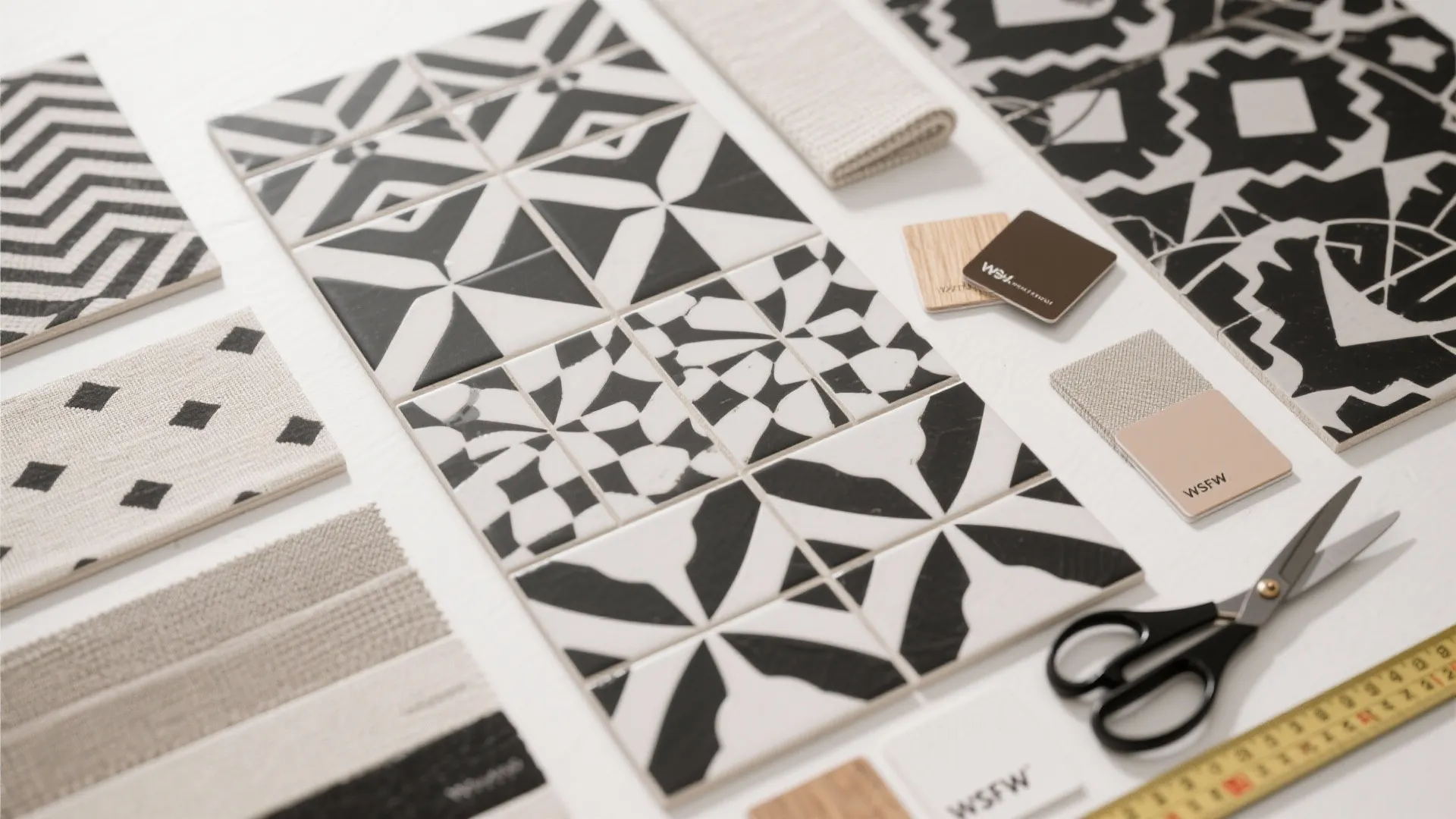 Flatlay of tile-style black-and-white wallpaper samples with wood and fabric swatches