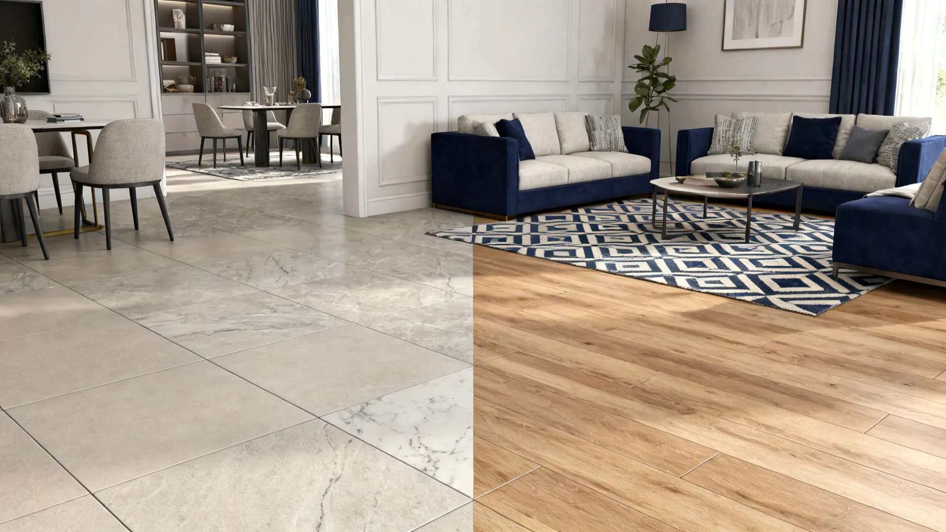 Split view showing grey marble floor tiles on left and warm wood planks on right
